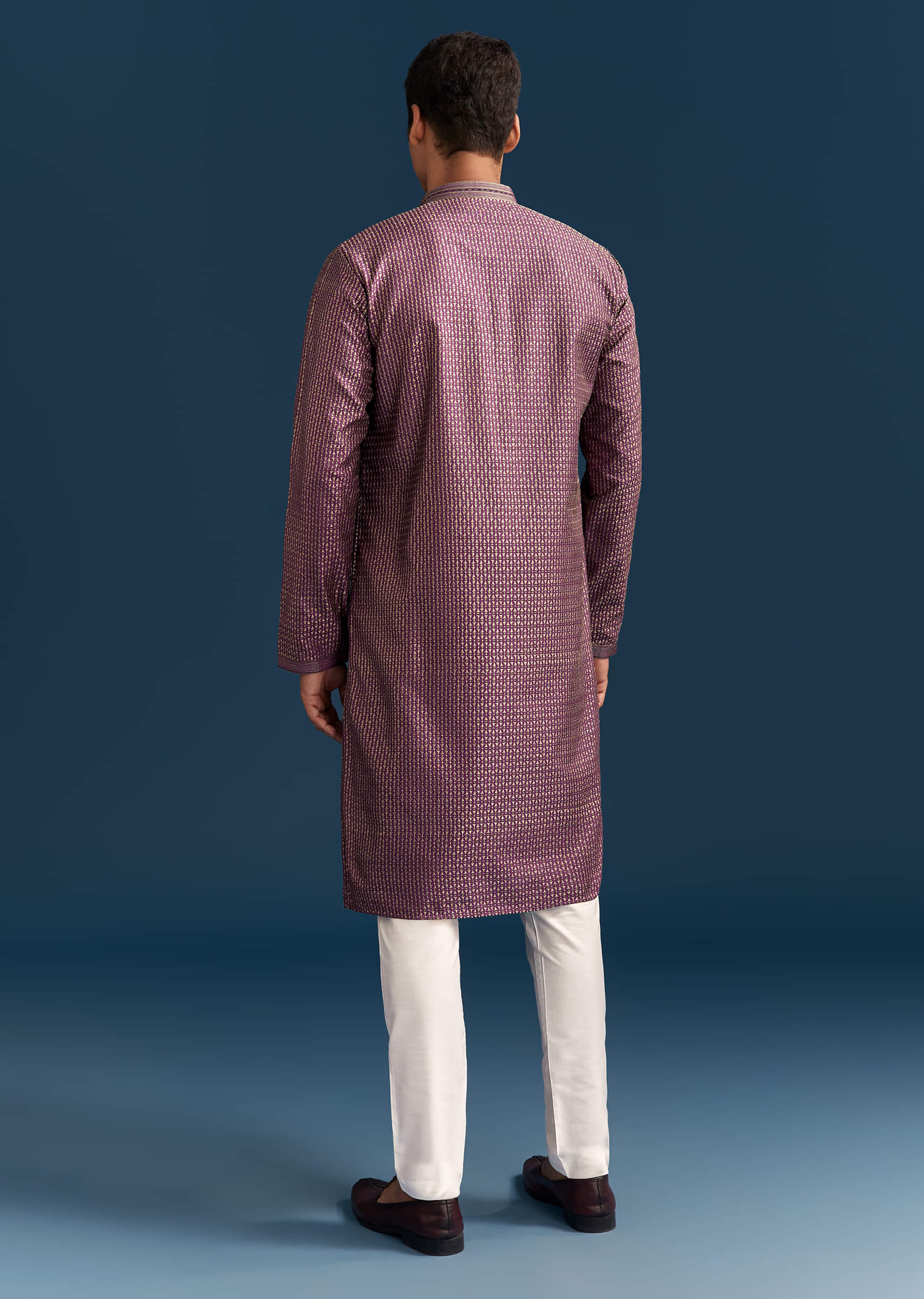 Purple Silk Textured Kurta Set For Men With Embroidery - Image 5