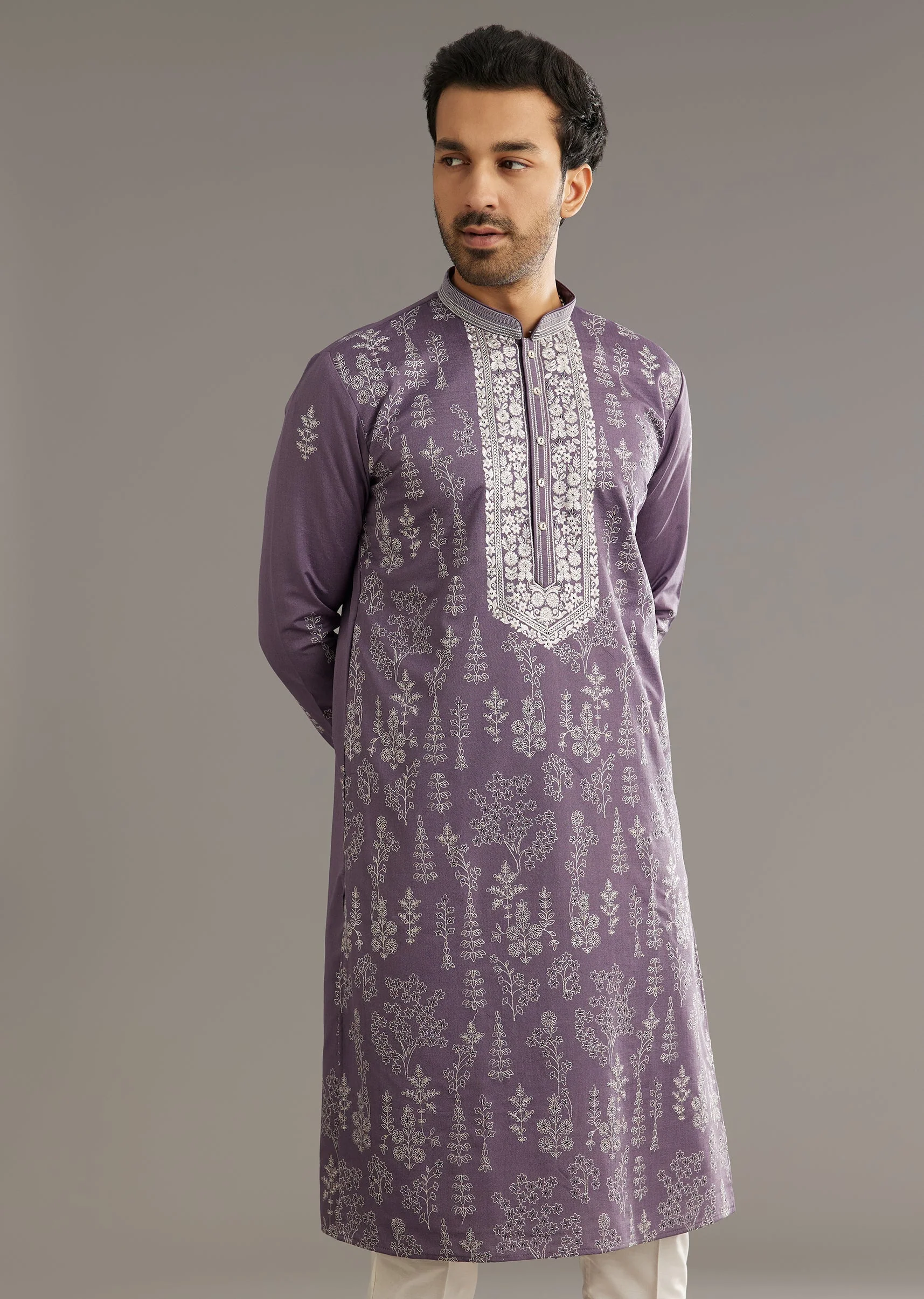 Purple Silk Vine Motif Printed Kurta Set With Thread Work - Image 3