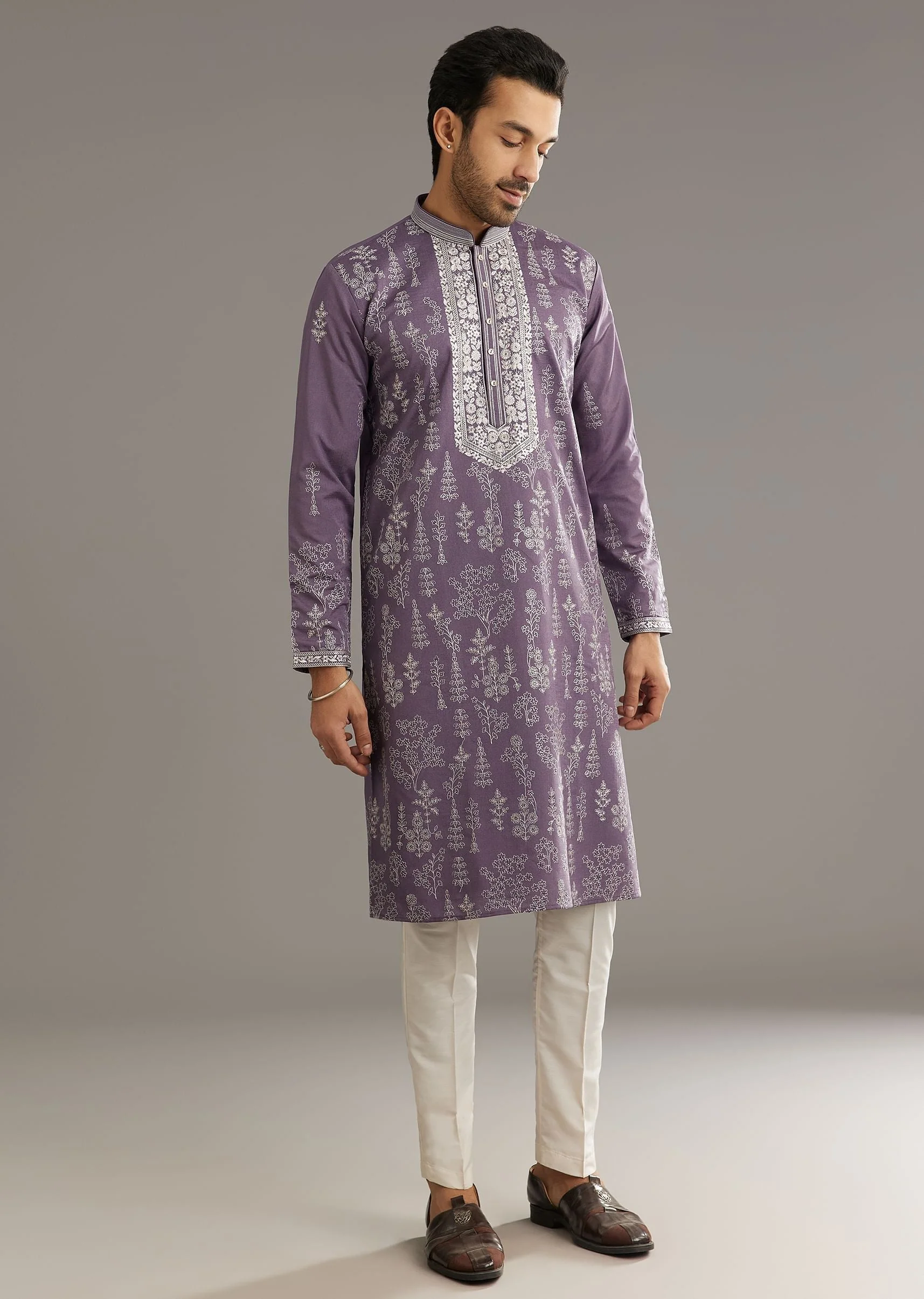 Purple Silk Vine Motif Printed Kurta Set With Thread Work - Image 4