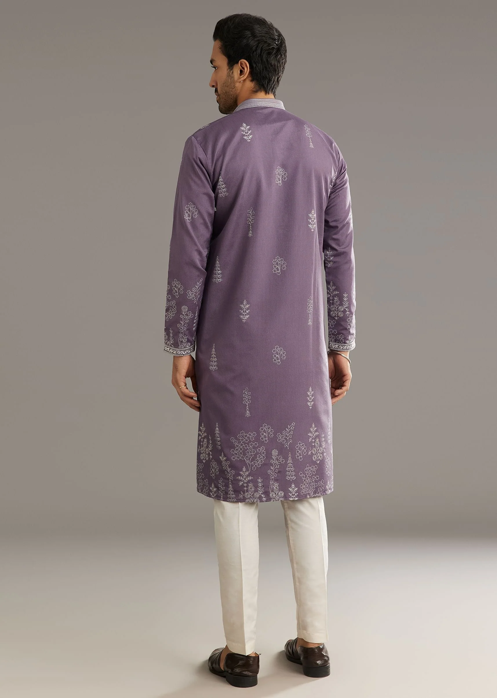 Purple Silk Vine Motif Printed Kurta Set With Thread Work - Image 5