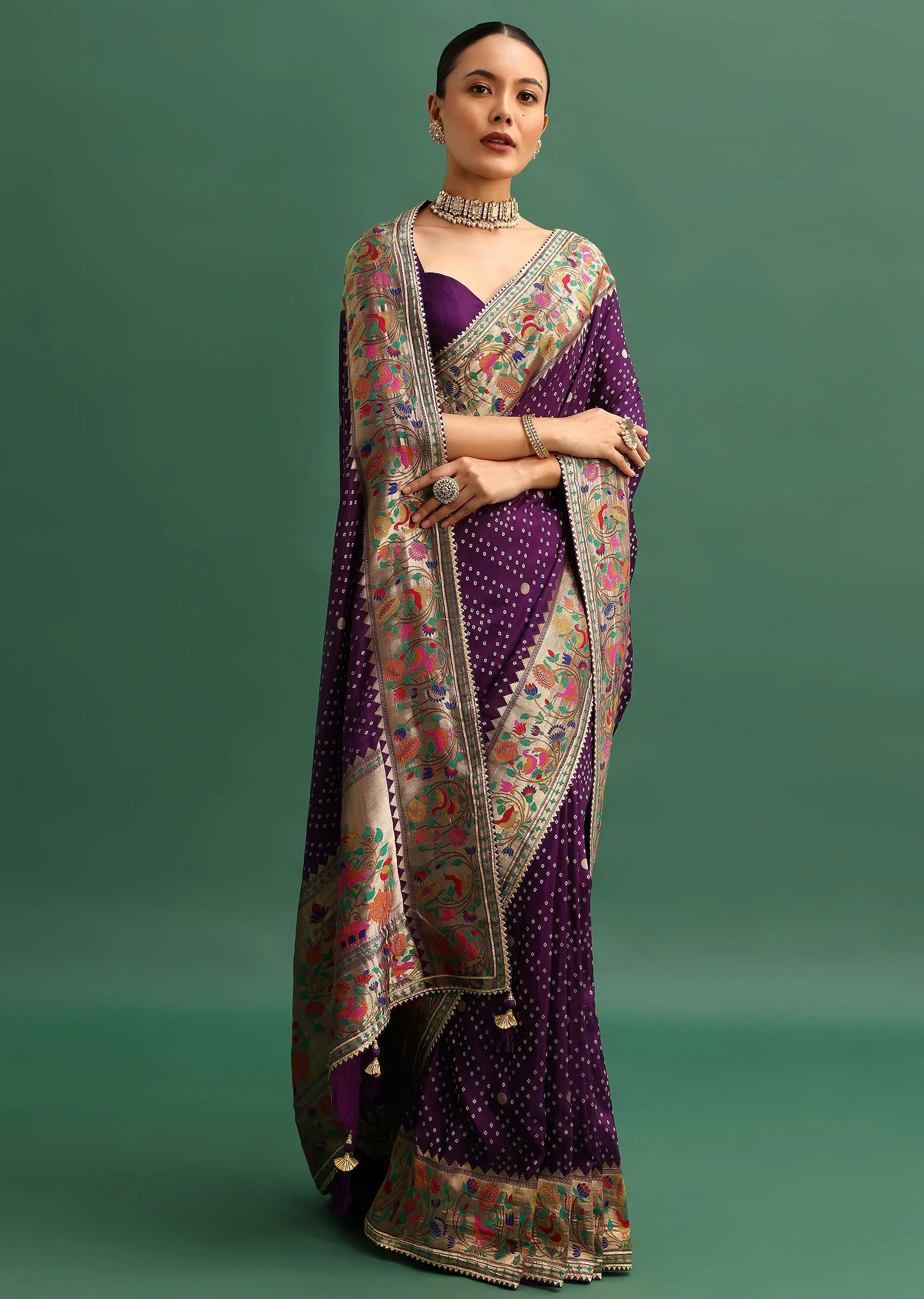 Purple Silk Woven Bandhani Saree With Paithani Border Pallu And Unstitched Blouse - Image 3