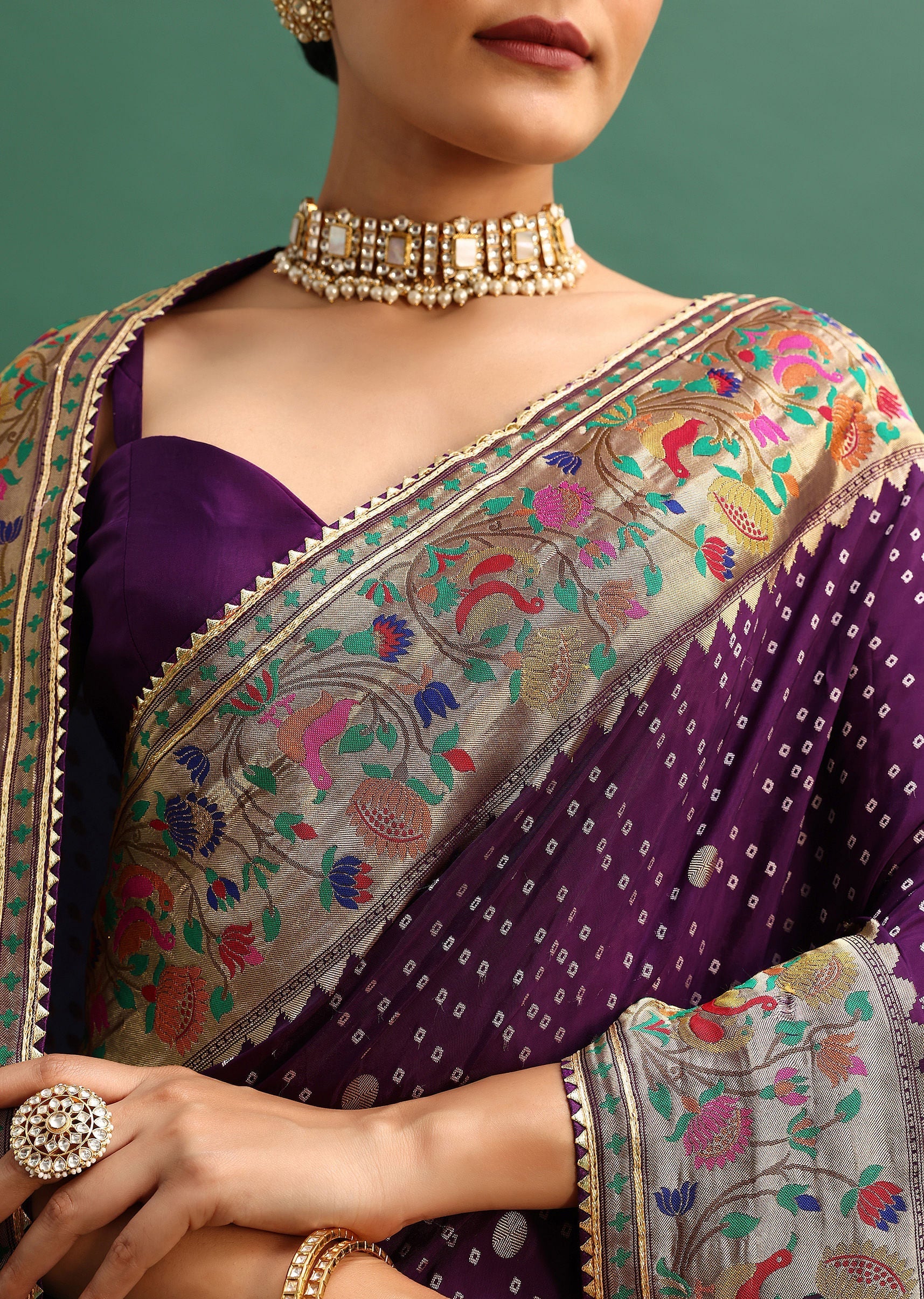 Purple Silk Woven Bandhani Saree With Paithani Border Pallu And Unstitched Blouse - Image 5