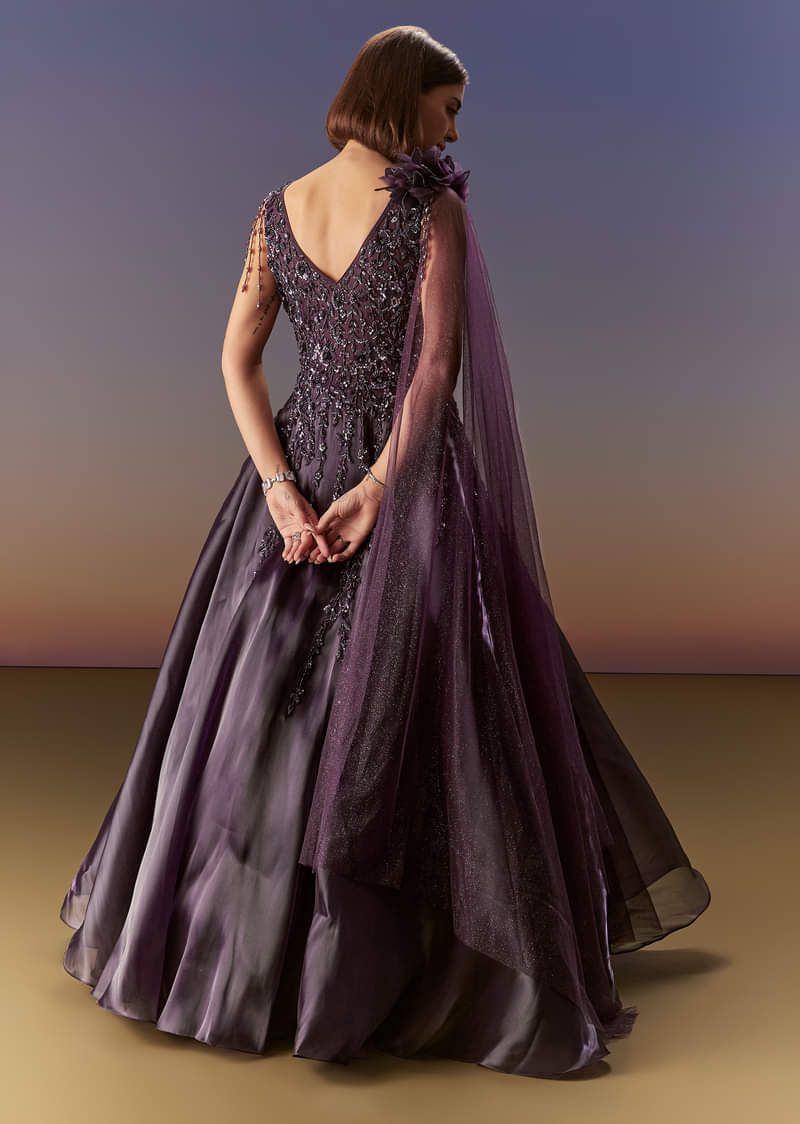 Purple Sleeveless Gown With Floral Shoulder Embroidery And Trail - Image 2