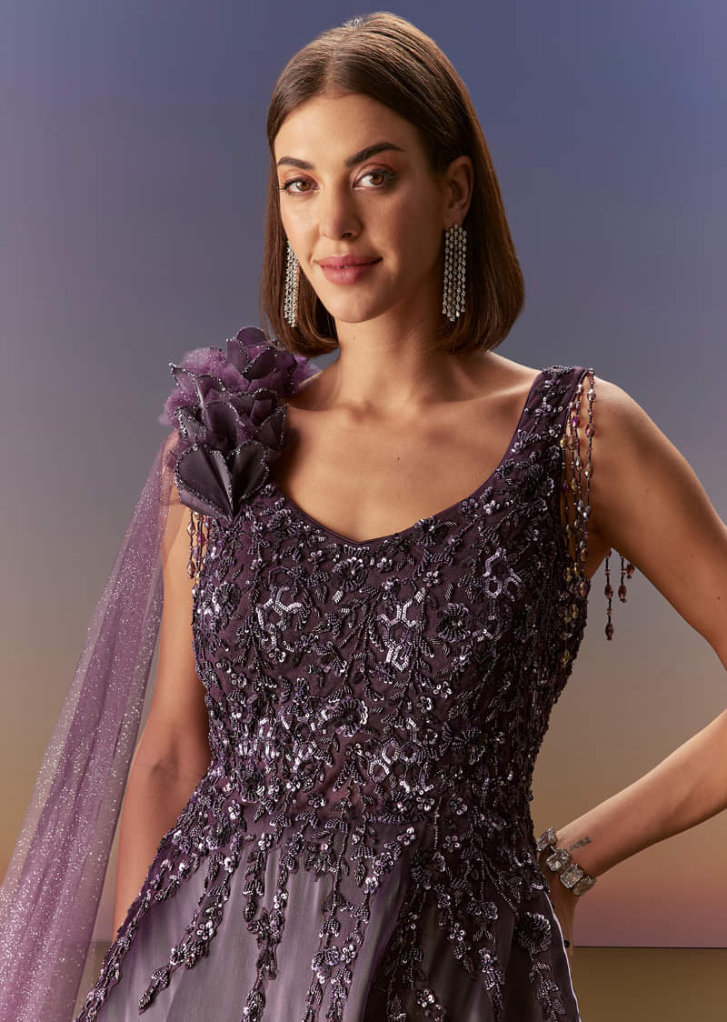 Purple Sleeveless Gown With Floral Shoulder Embroidery And Trail - Image 3