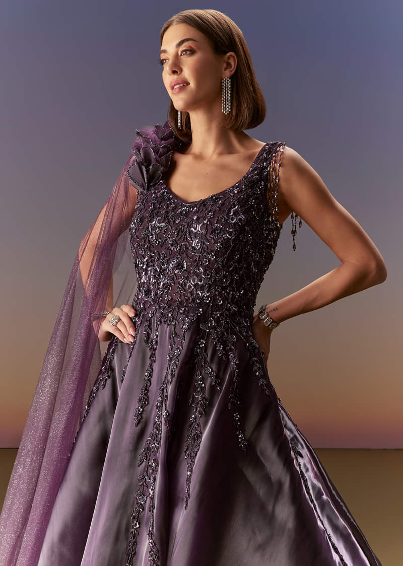 Purple Sleeveless Gown With Floral Shoulder Embroidery And Trail - Image 5