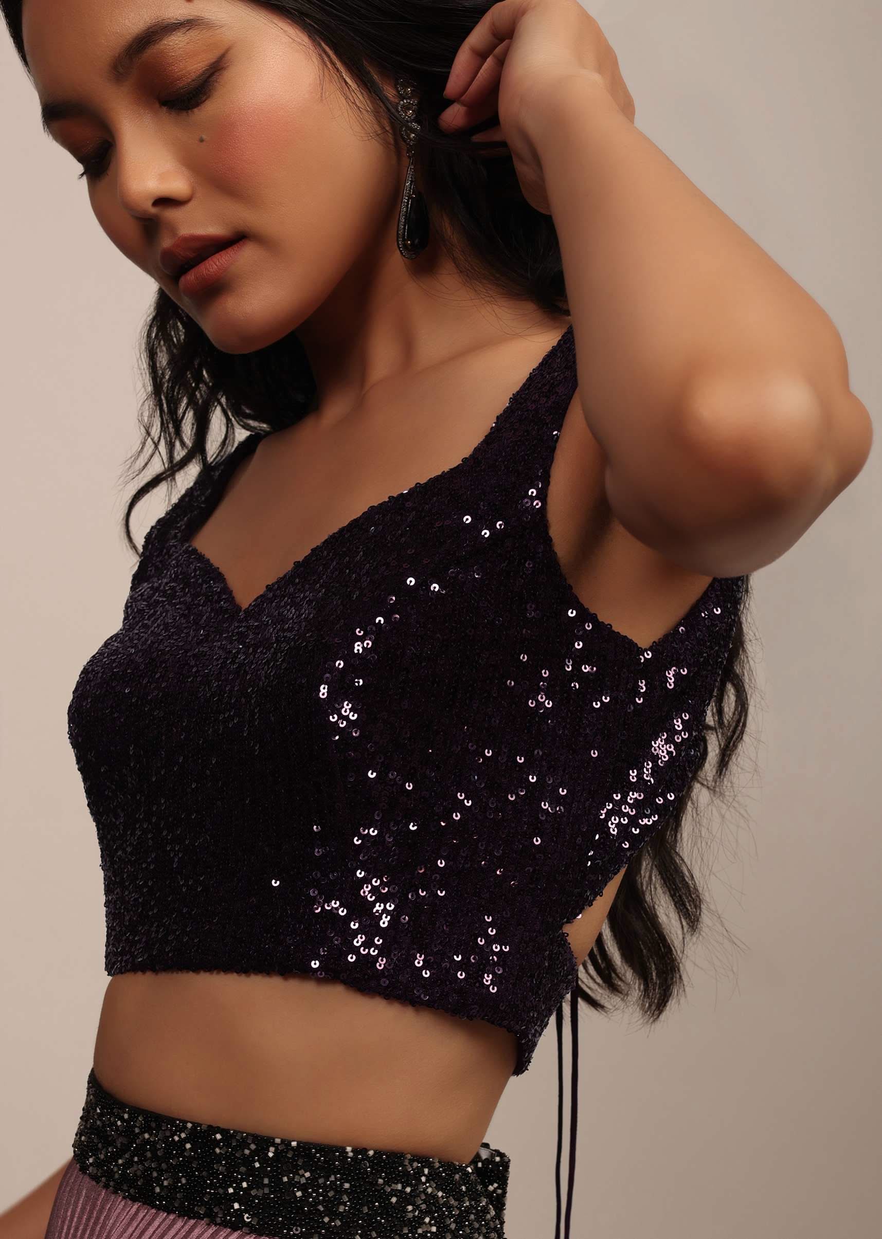 Purple Sleeveless Sequins Blouse With Sweetheart Neckline - Image 4