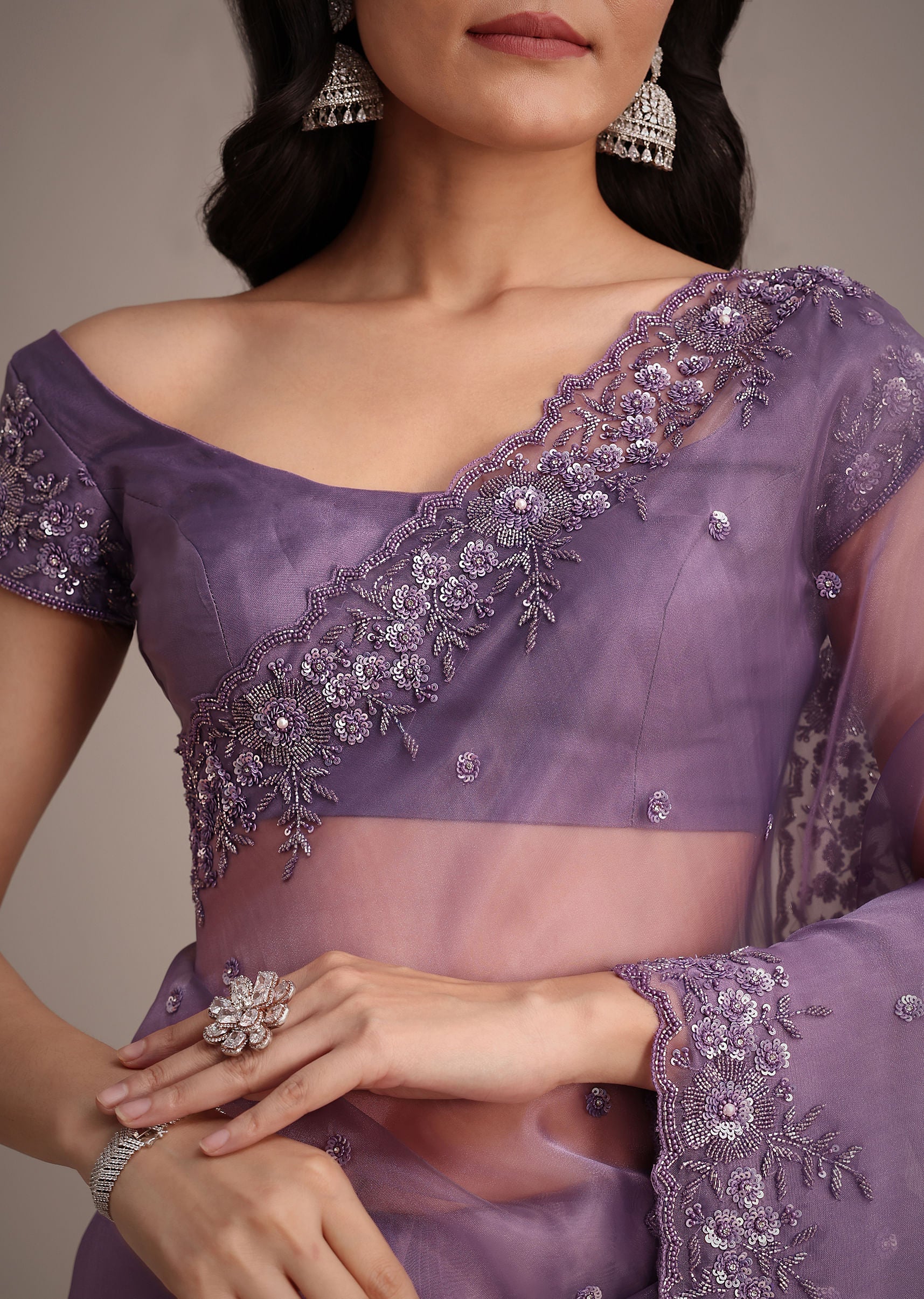 Purple Soft Organza Saree With Cutdana Sequins Embroidery - Image 2