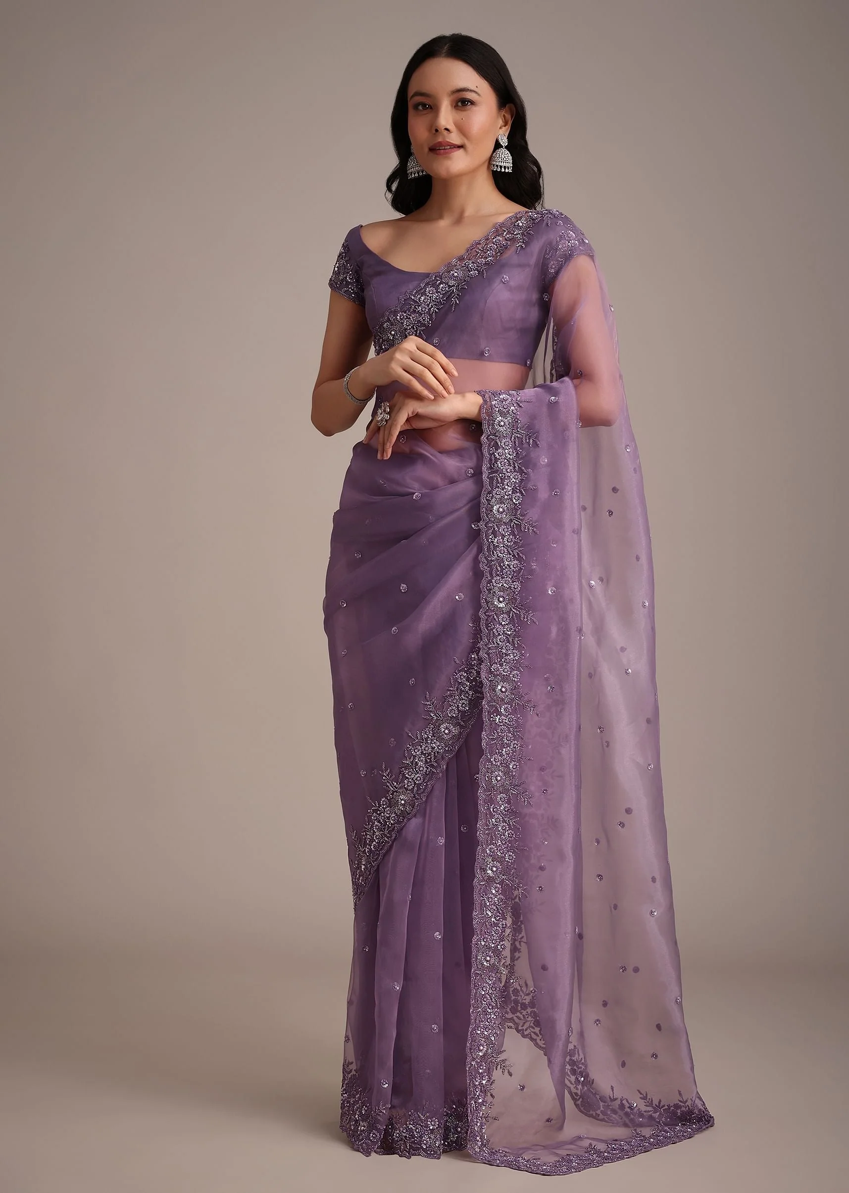 Purple Soft Organza Saree With Cutdana Sequins Embroidery - Image 3