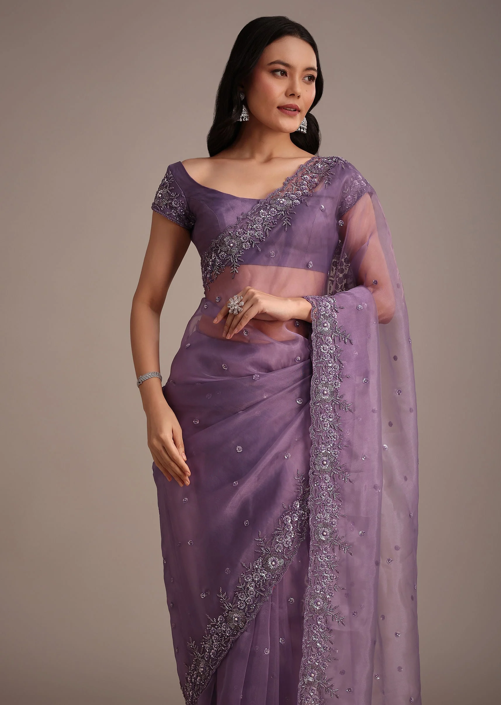 Purple Soft Organza Saree With Cutdana Sequins Embroidery - Image 5