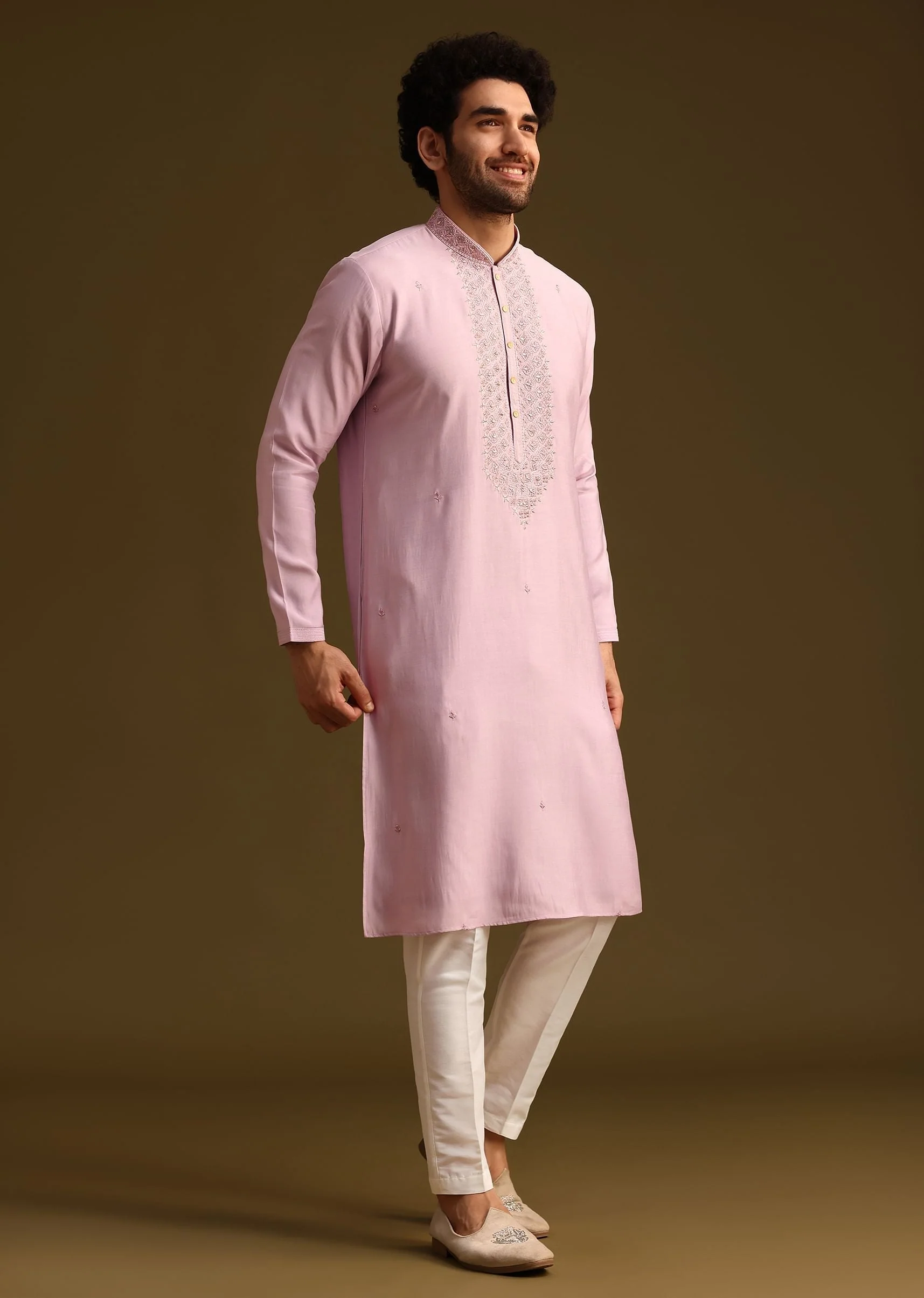 Purple Threadwork Kurta Pant Set With Embroidered Yoke - Image 2