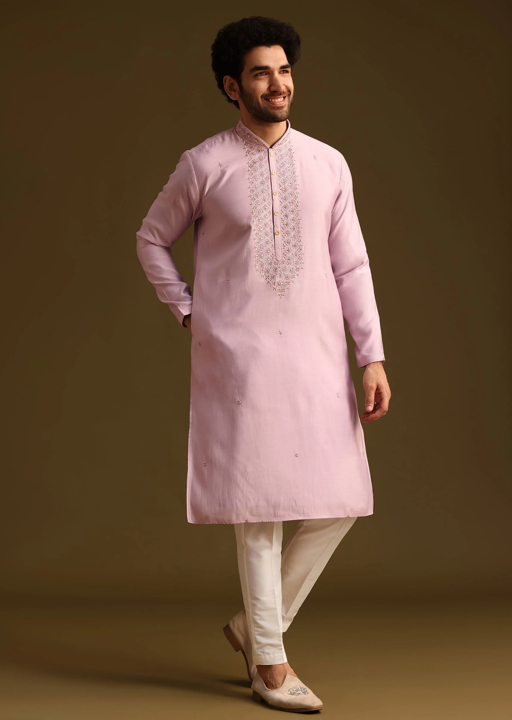 Purple Threadwork Kurta Pant Set With Embroidered Yoke - Image 4