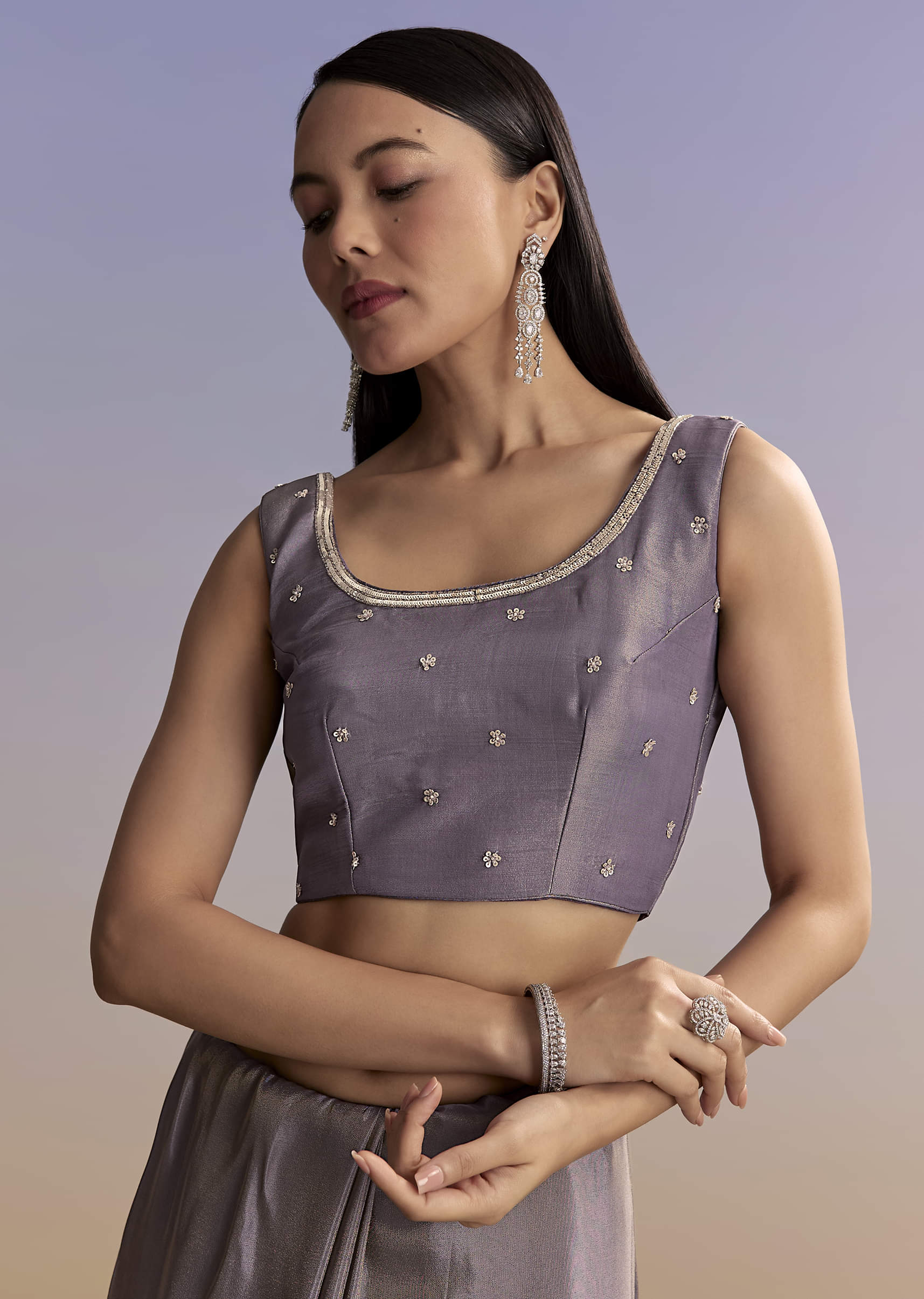 Purple Tissue Saree With Cutdana And Bead Embroidery - Image 11