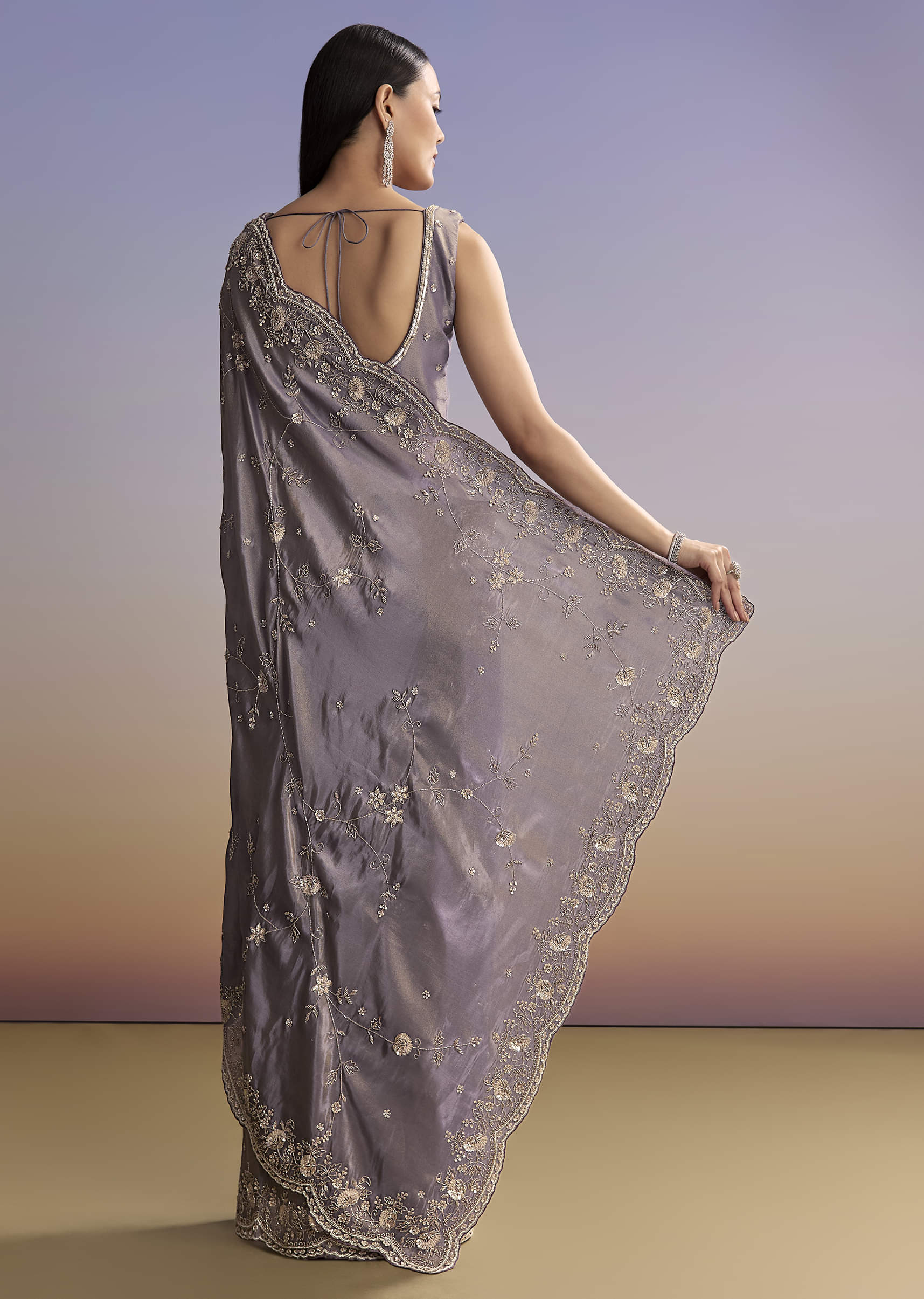 Purple Tissue Saree With Cutdana And Bead Embroidery - Image 2