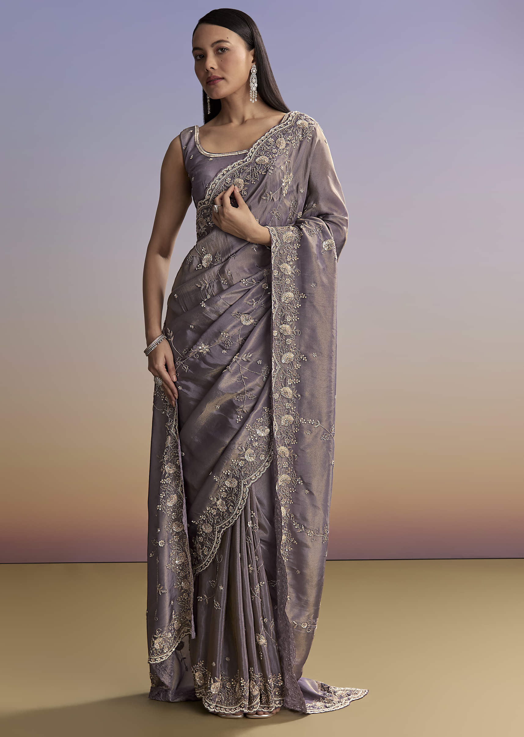 Purple Tissue Saree With Cutdana And Bead Embroidery - Image 3