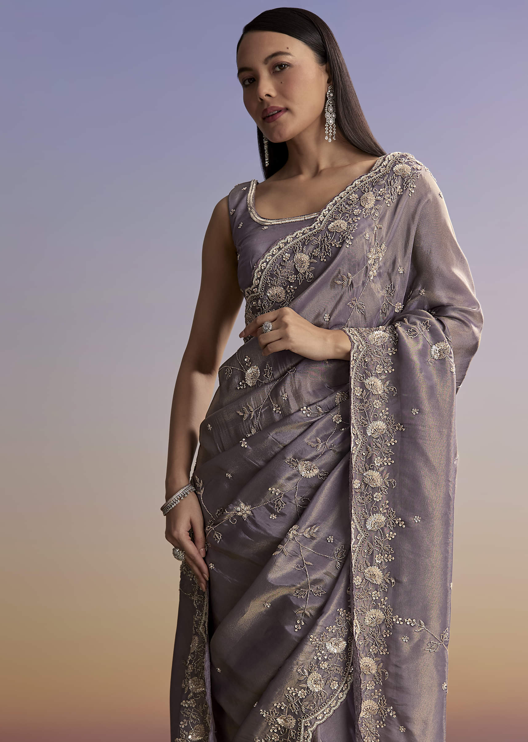 Purple Tissue Saree With Cutdana And Bead Embroidery - Image 5
