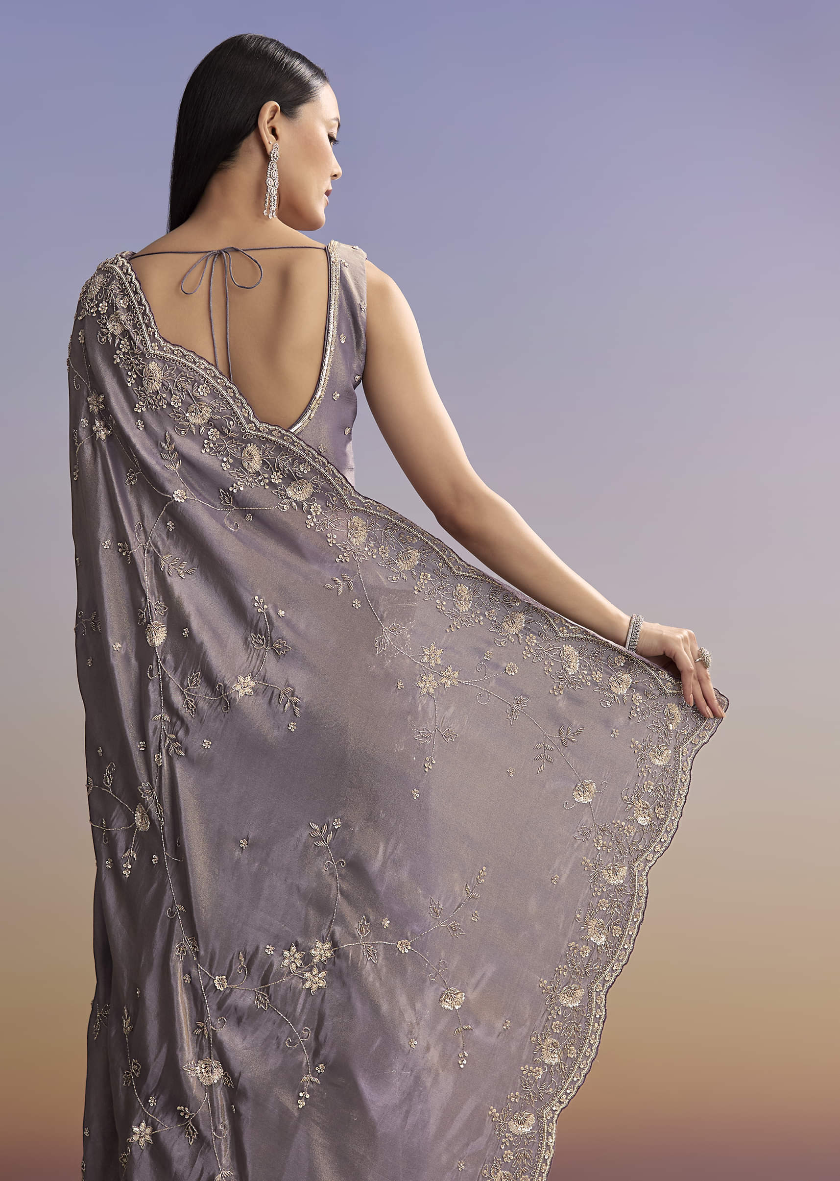 Purple Tissue Saree With Cutdana And Bead Embroidery - Image 6