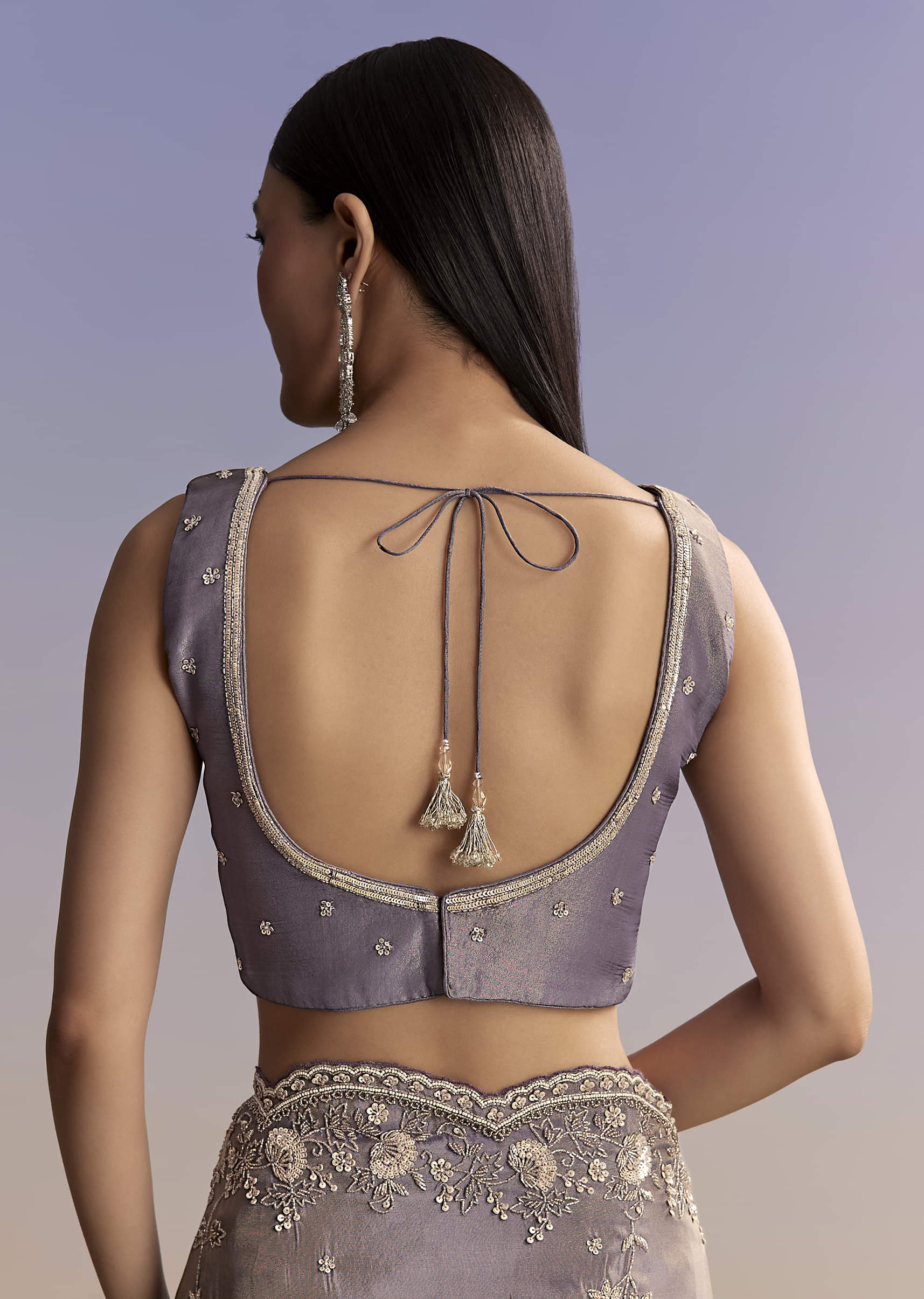 Purple Tissue Saree With Cutdana And Bead Embroidery - Image 7