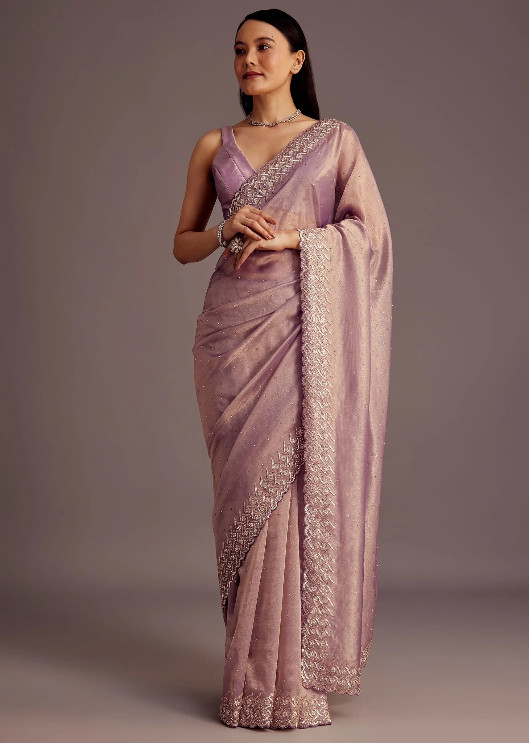 Purple Tissue Saree With Cutdana And Stone Embroidery - Image 2