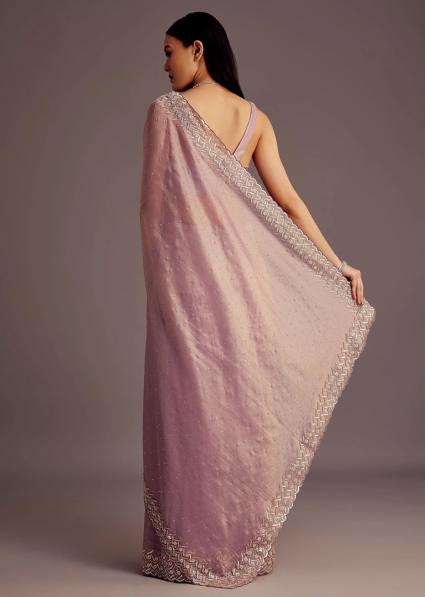 Purple Tissue Saree With Cutdana And Stone Embroidery - Image 4