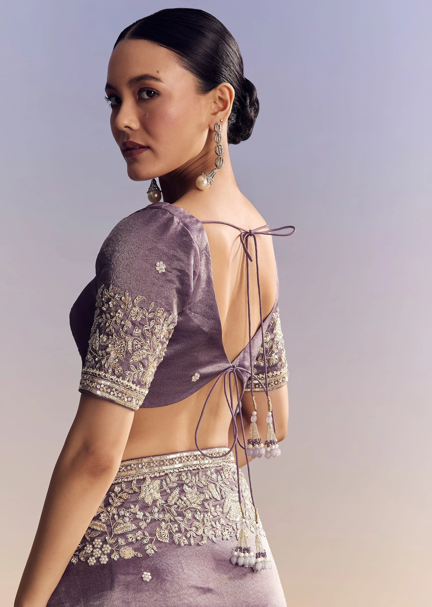 Purple Tissue Saree With Heavy Floral Embroidered Border - Image 8
