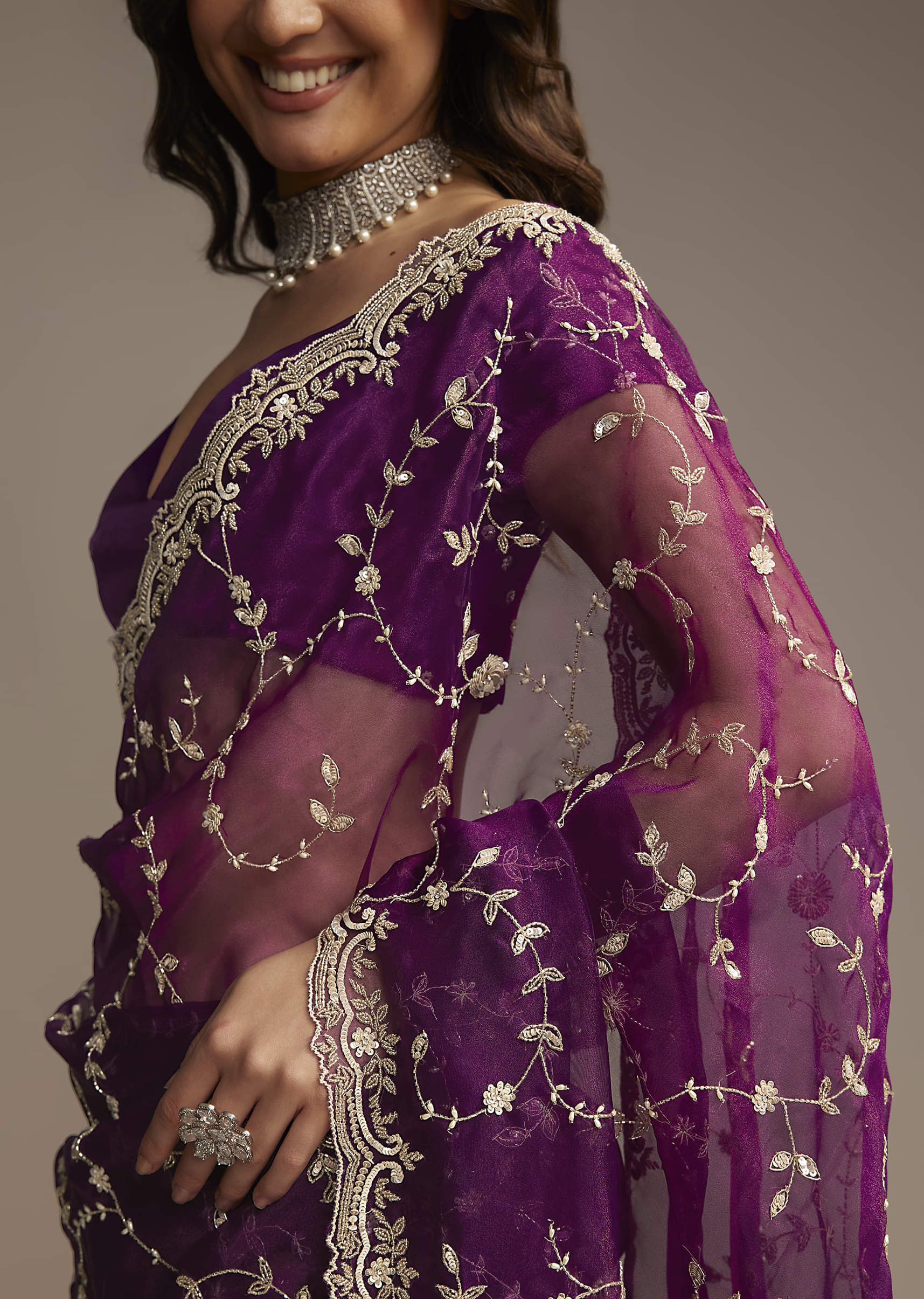 Purple Tissue Saree with Heavy Floral Embroidery - Image 2