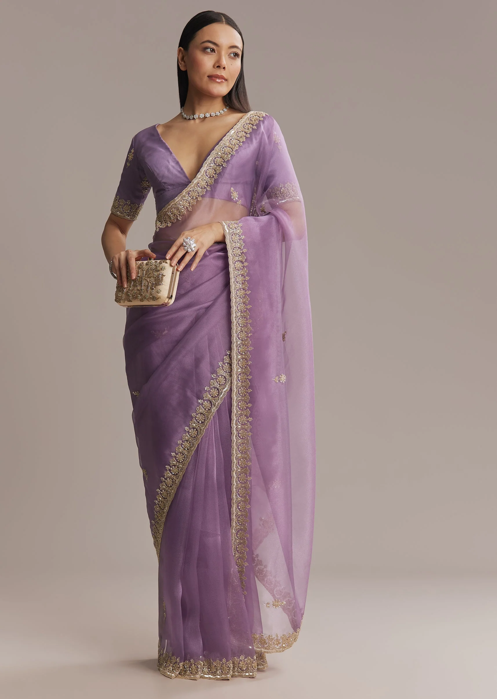 Purple Tissue Saree With Zardosi And Bead Embroidery - Image 3
