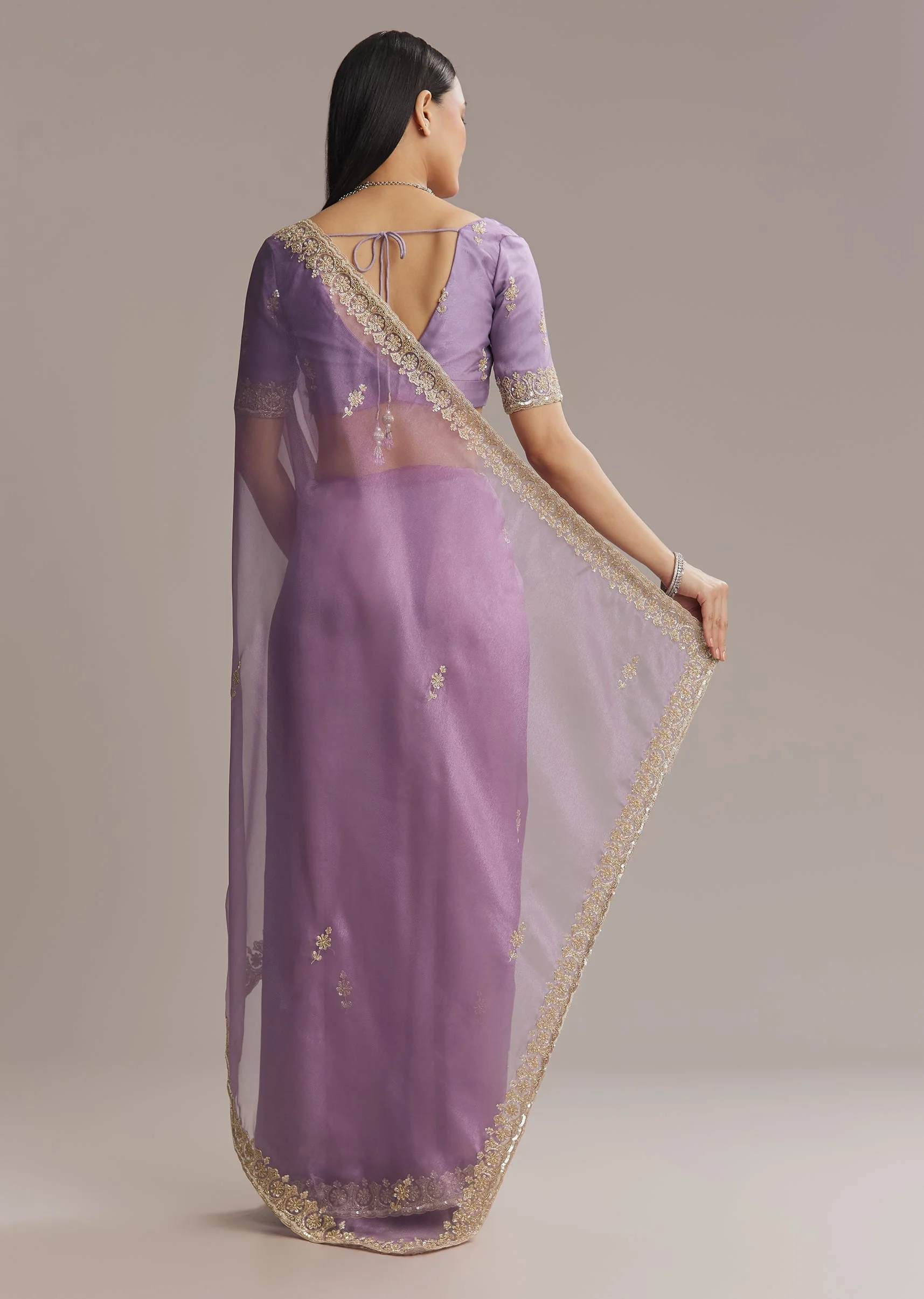 Purple Tissue Saree With Zardosi And Bead Embroidery - Image 5