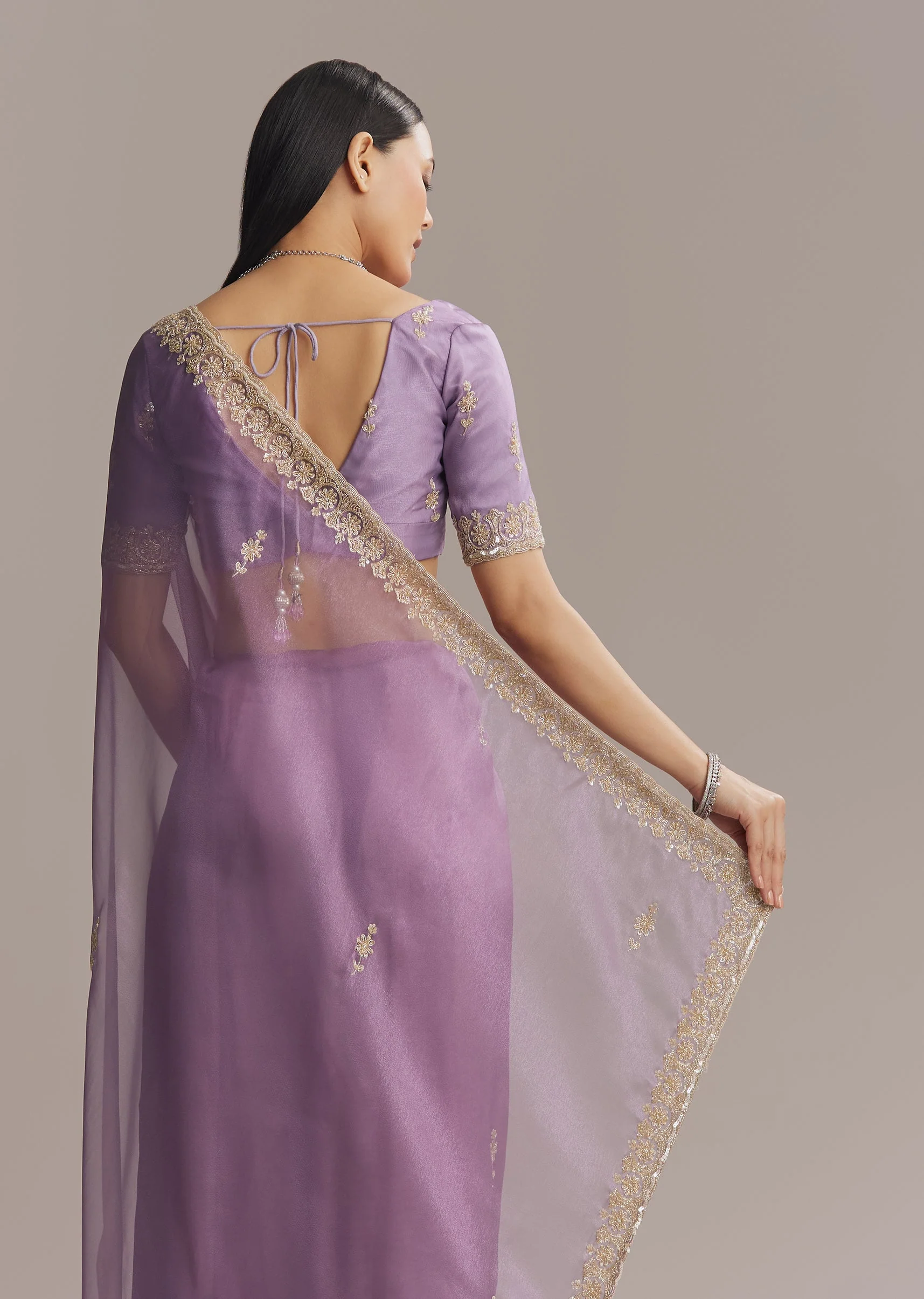 Purple Tissue Saree With Zardosi And Bead Embroidery - Image 6