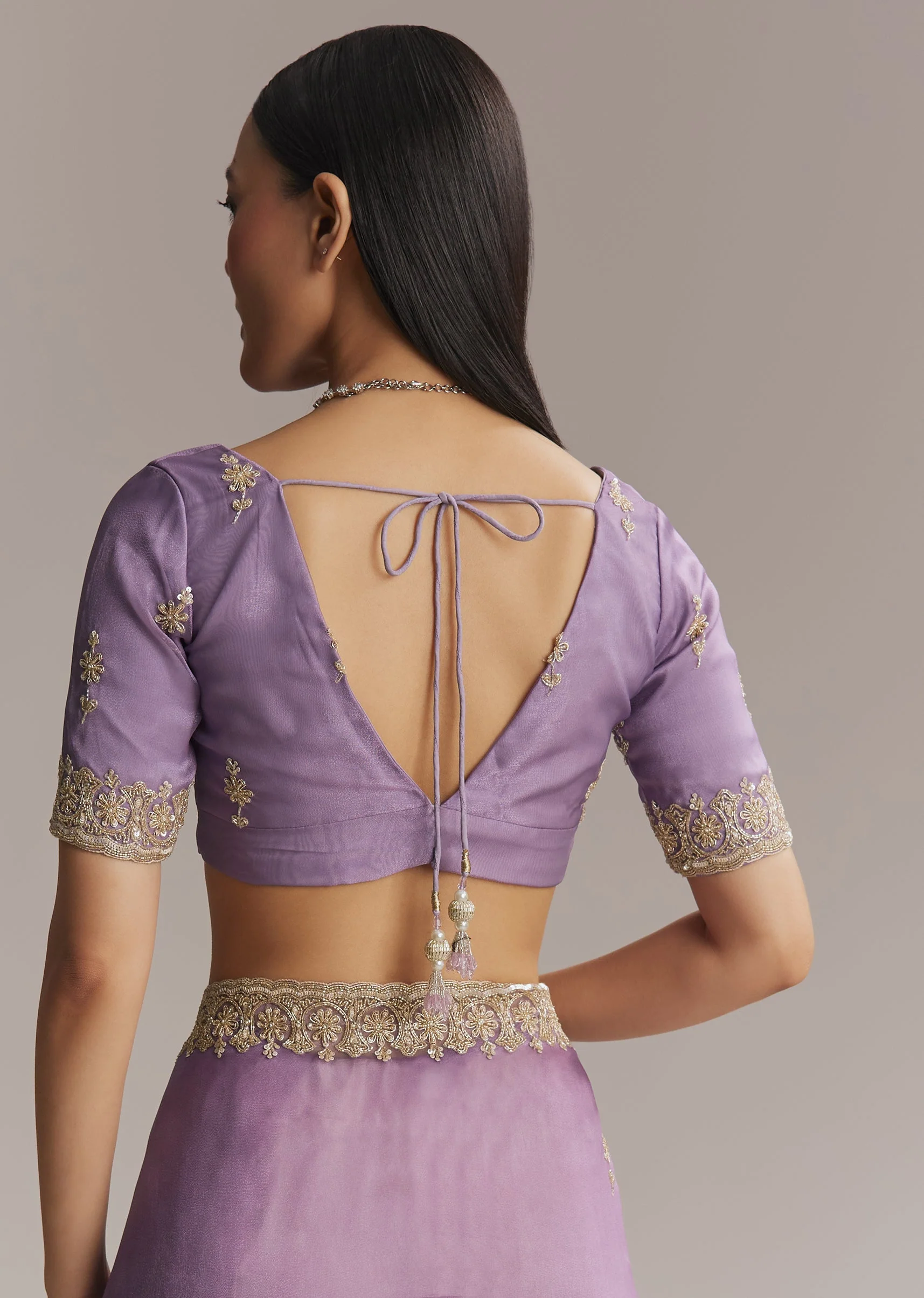 Purple Tissue Saree With Zardosi And Bead Embroidery - Image 8