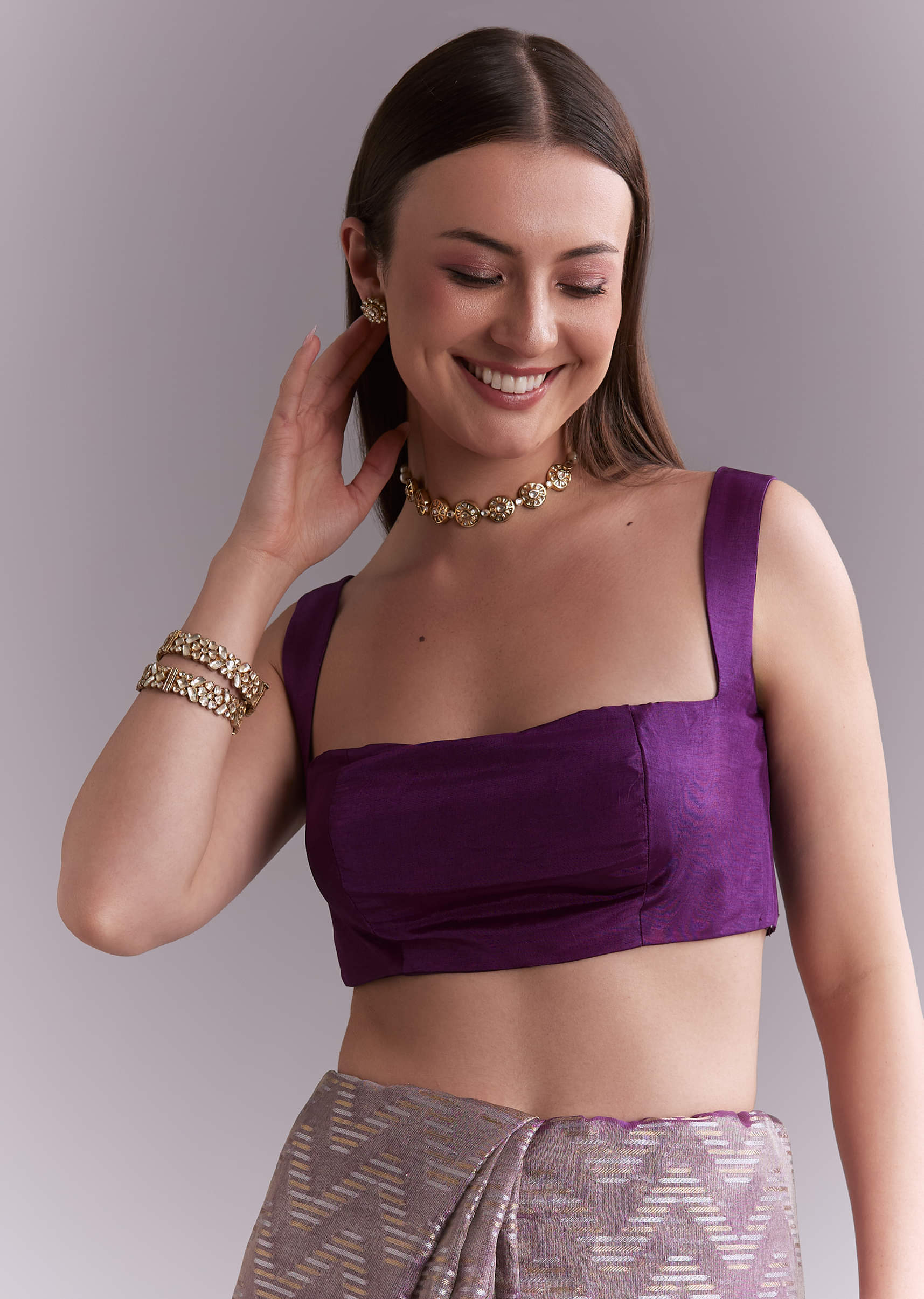 Purple Tissue Saree With Zig Zag Weave And Zari Border - Image 7