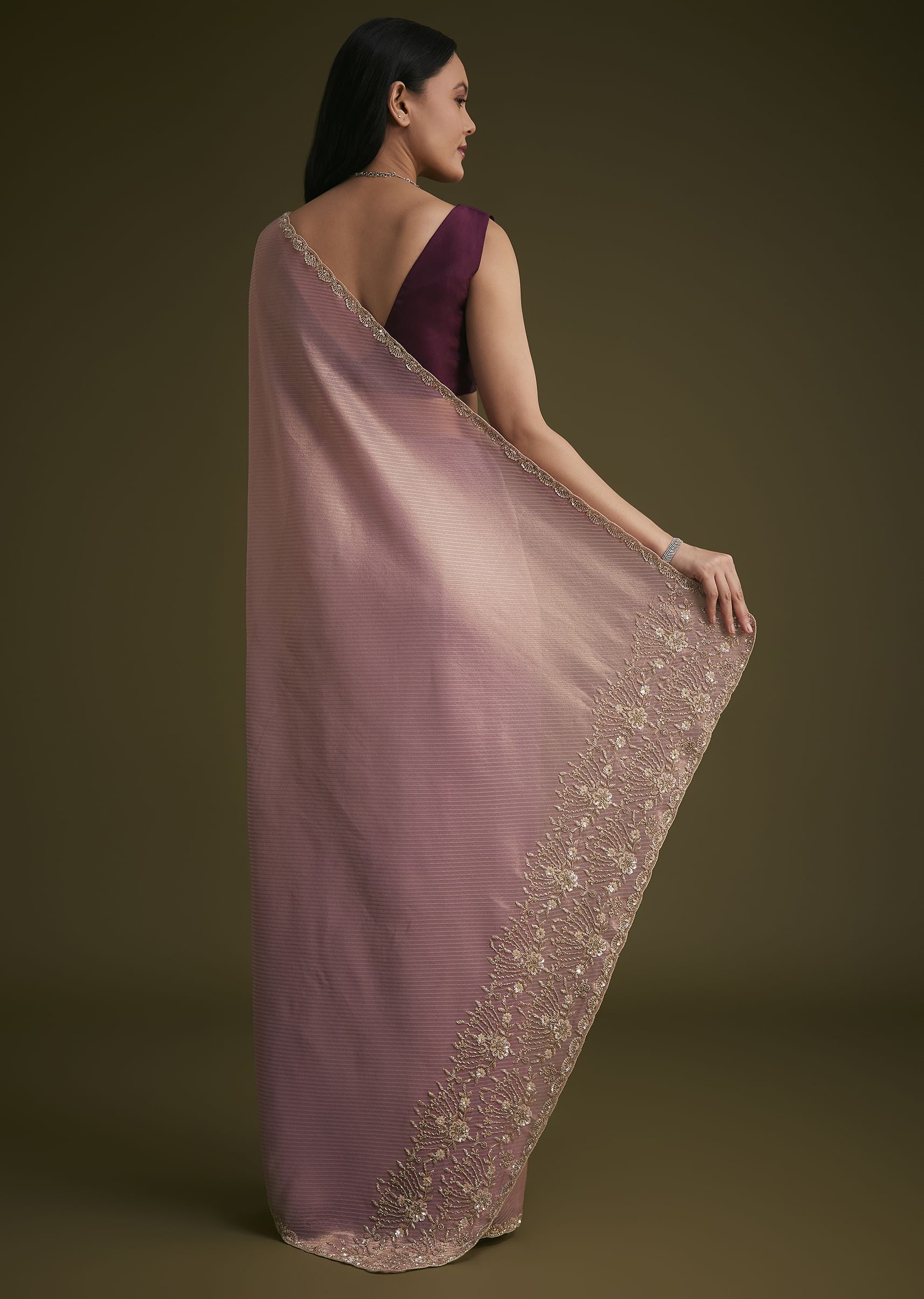 Purple Tissue Sequins Saree With Contrast Blouse - Image 4