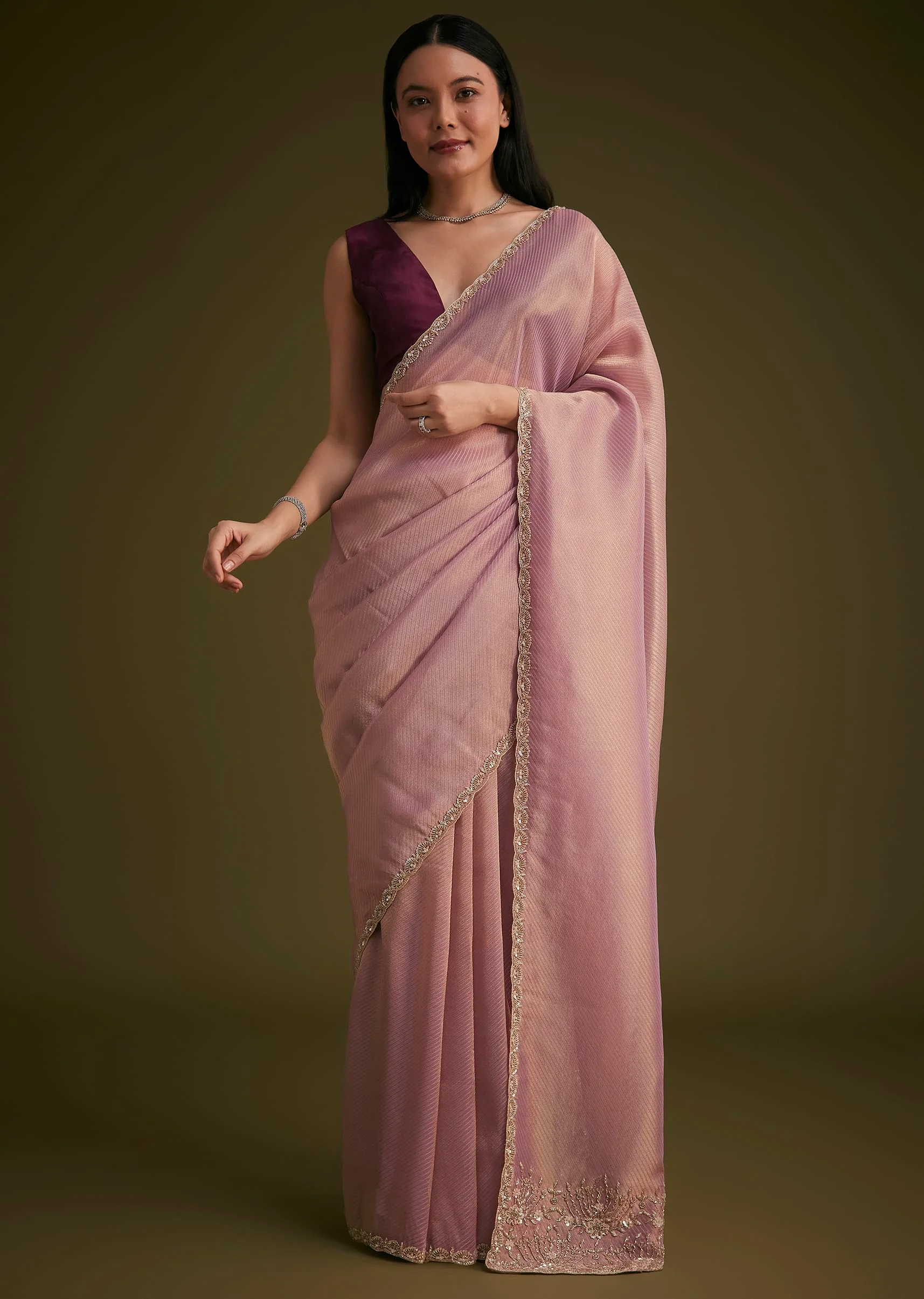 Purple Tissue Sequins Saree With Contrast Blouse - Image 5