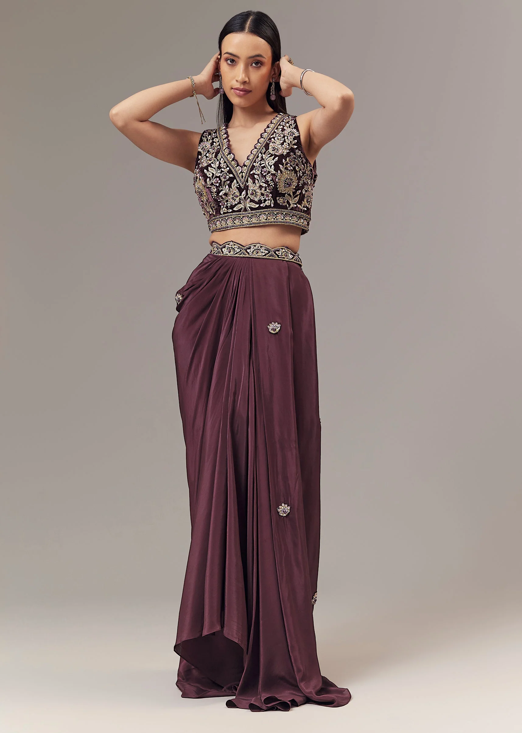 Purple Velvet Indo Western Crop Top And Draped Skirt Set With Embroidered Blouse