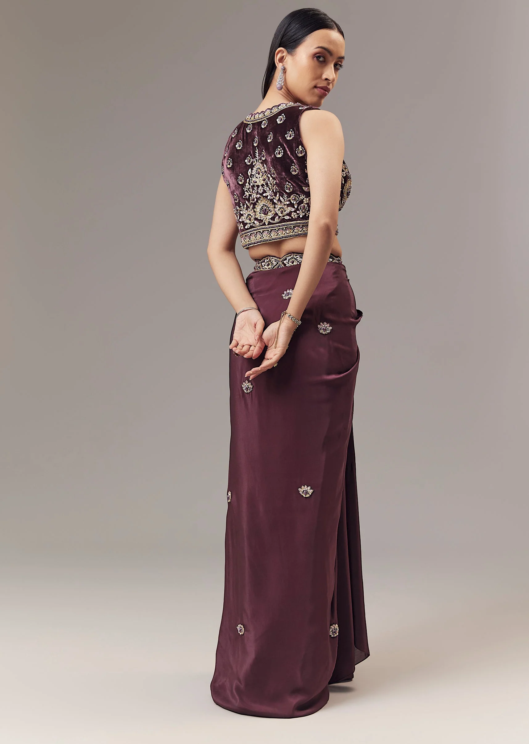 Purple Velvet Indo Western Crop Top And Draped Skirt Set With Embroidered Blouse - Image 2