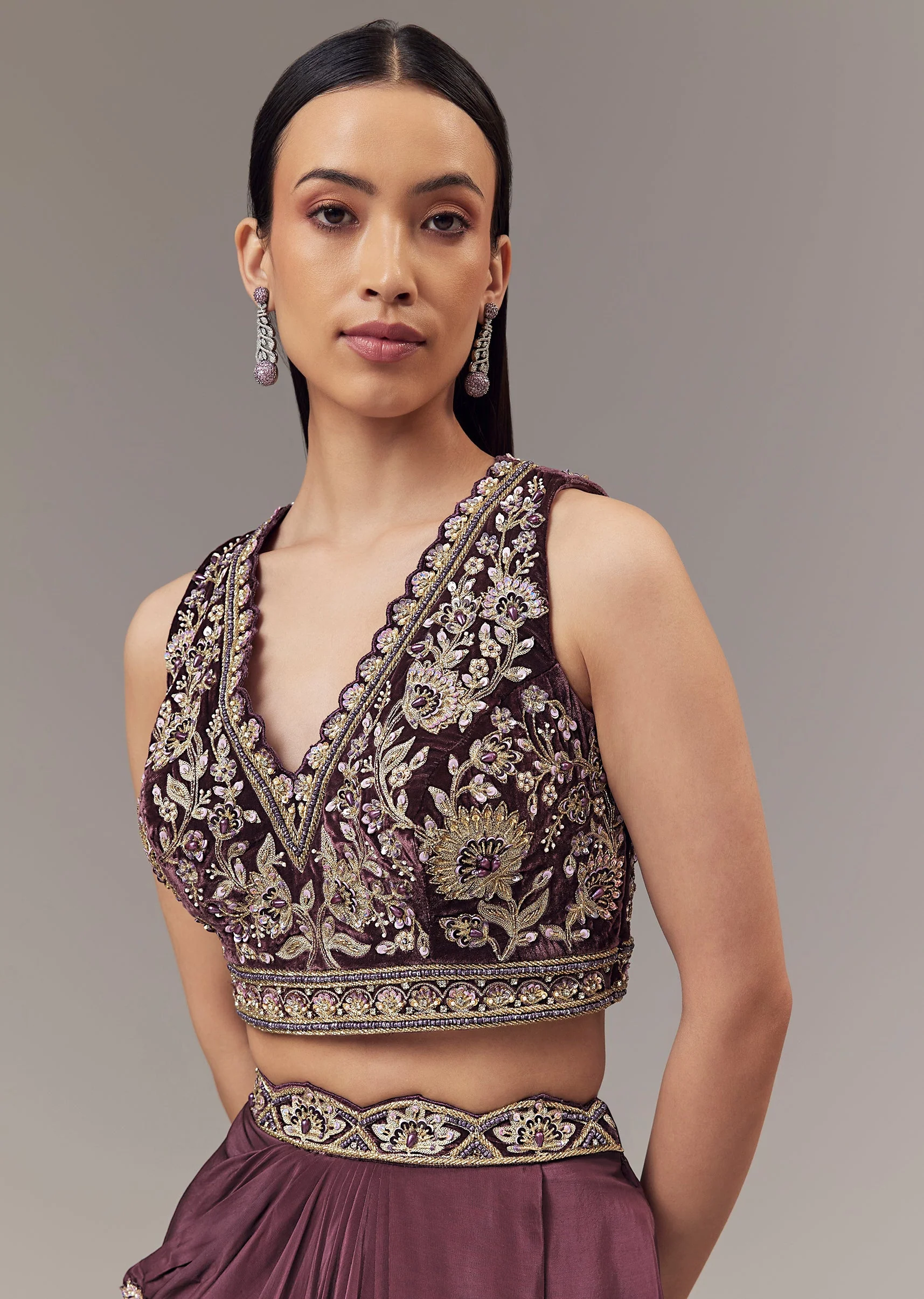 Purple Velvet Indo Western Crop Top And Draped Skirt Set With Embroidered Blouse - Image 3