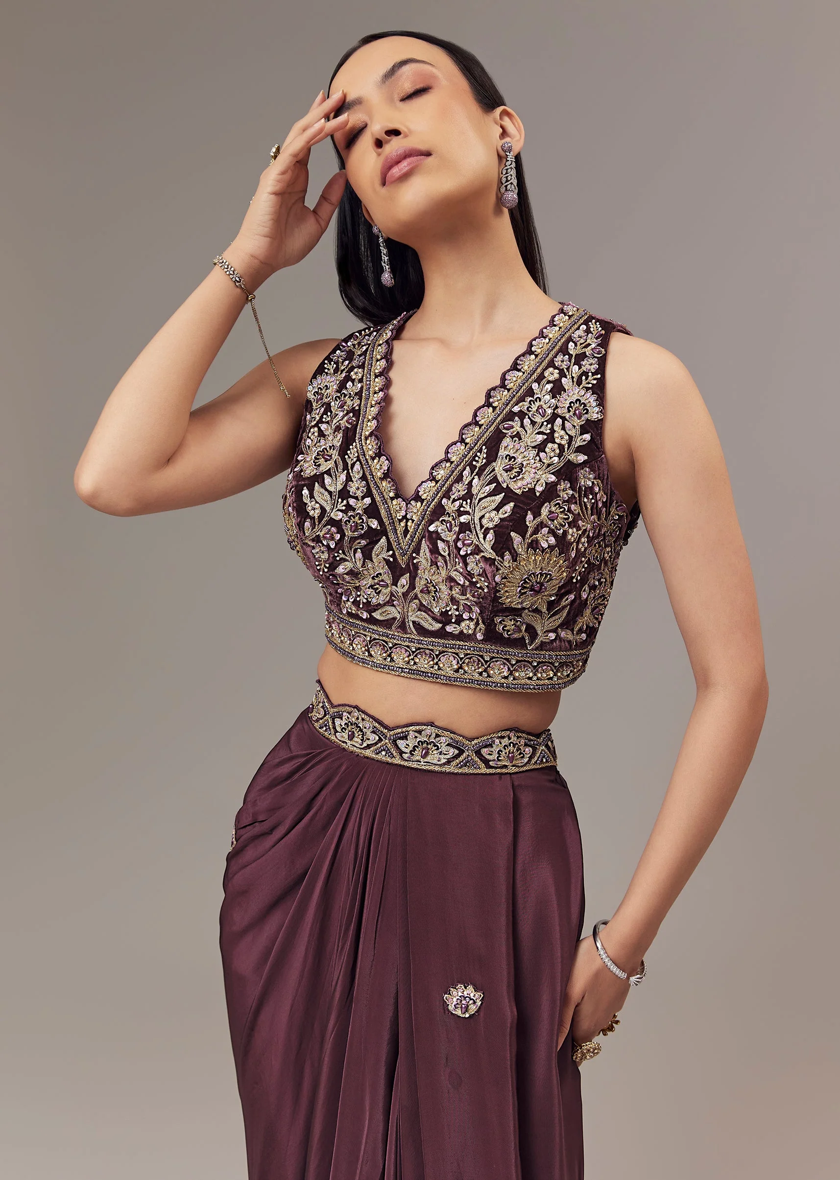 Purple Velvet Indo Western Crop Top And Draped Skirt Set With Embroidered Blouse - Image 4