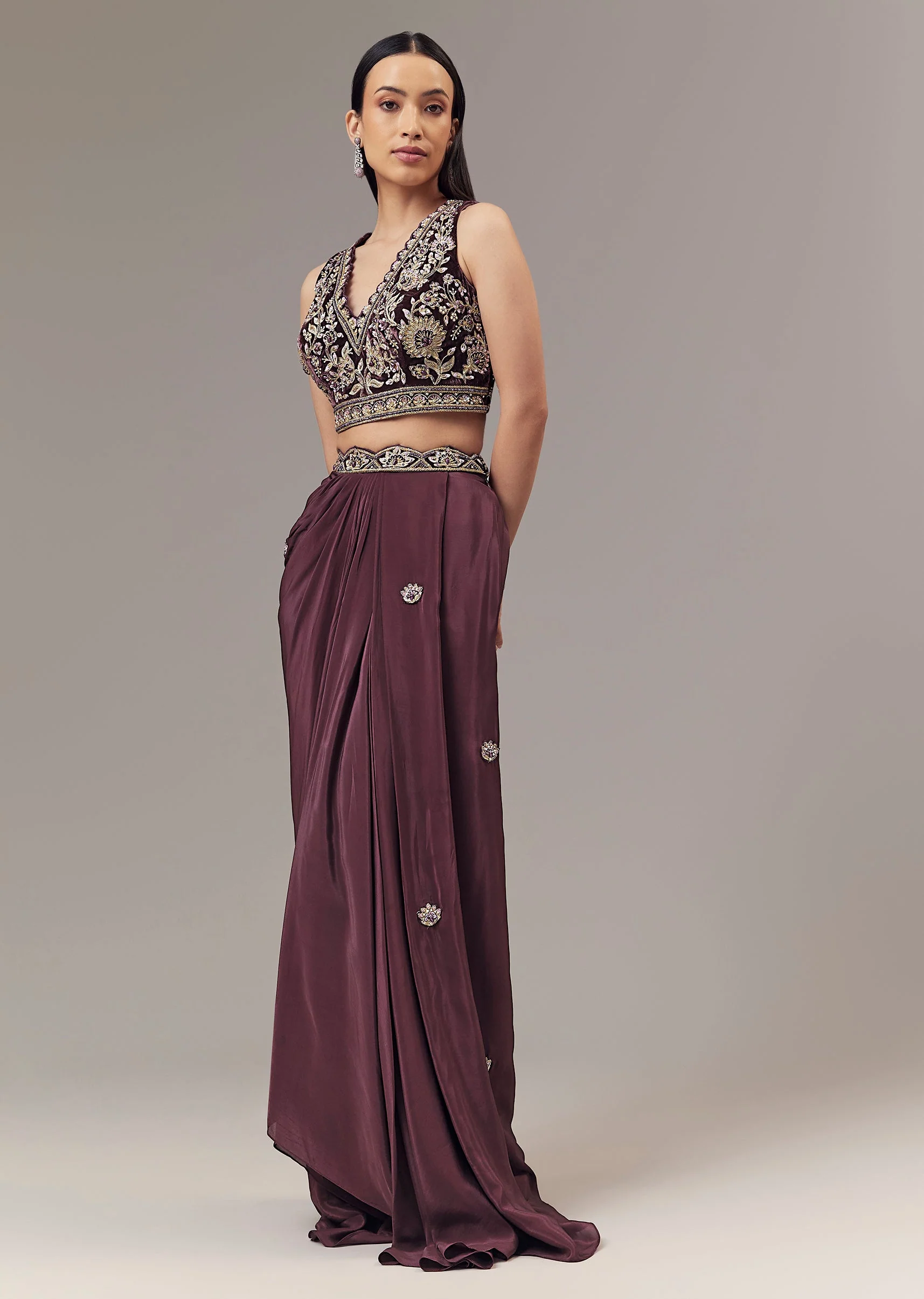 Purple Velvet Indo Western Crop Top And Draped Skirt Set With Embroidered Blouse - Image 5