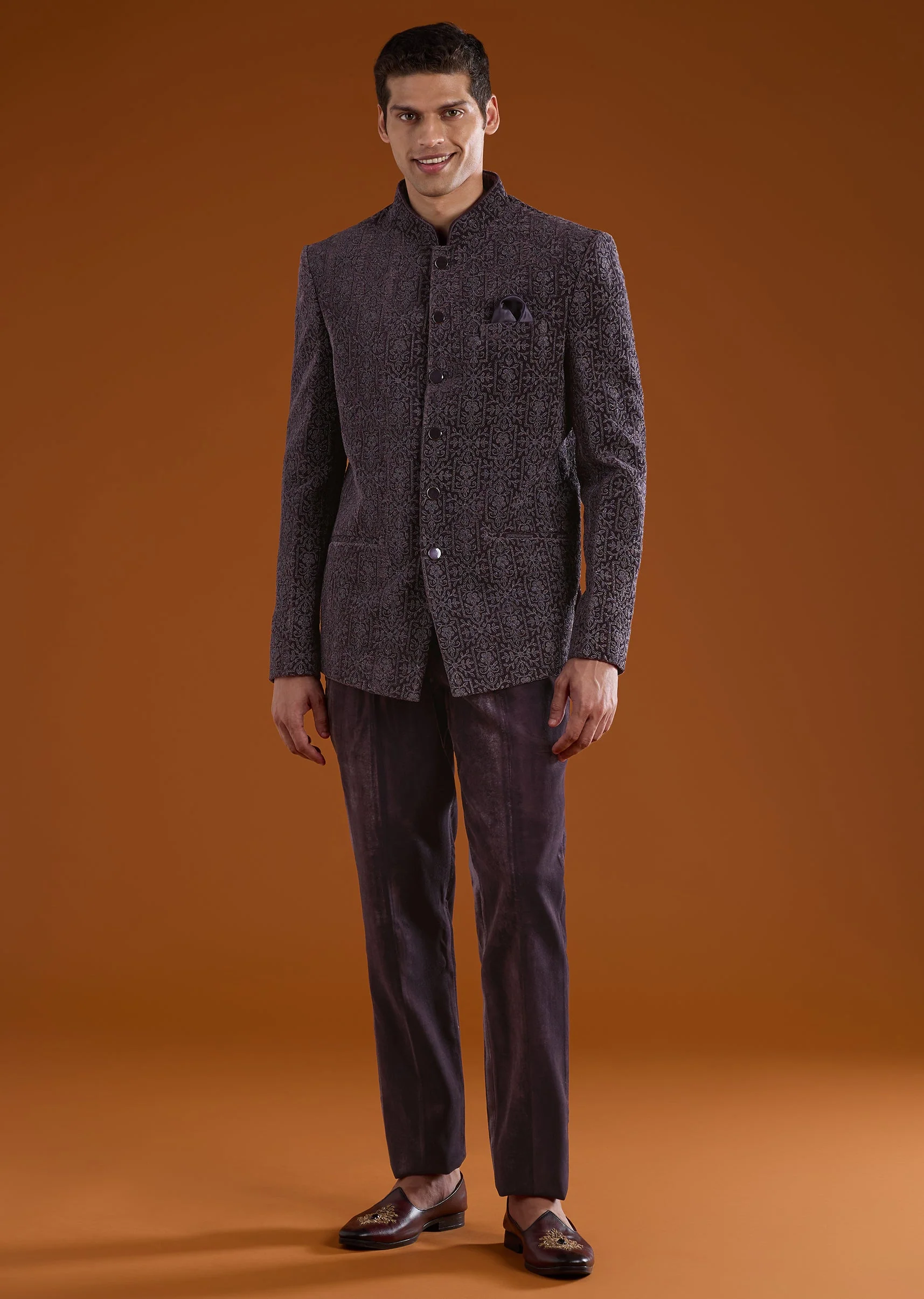 Purple Velvet Jodhpuri and Pant Set