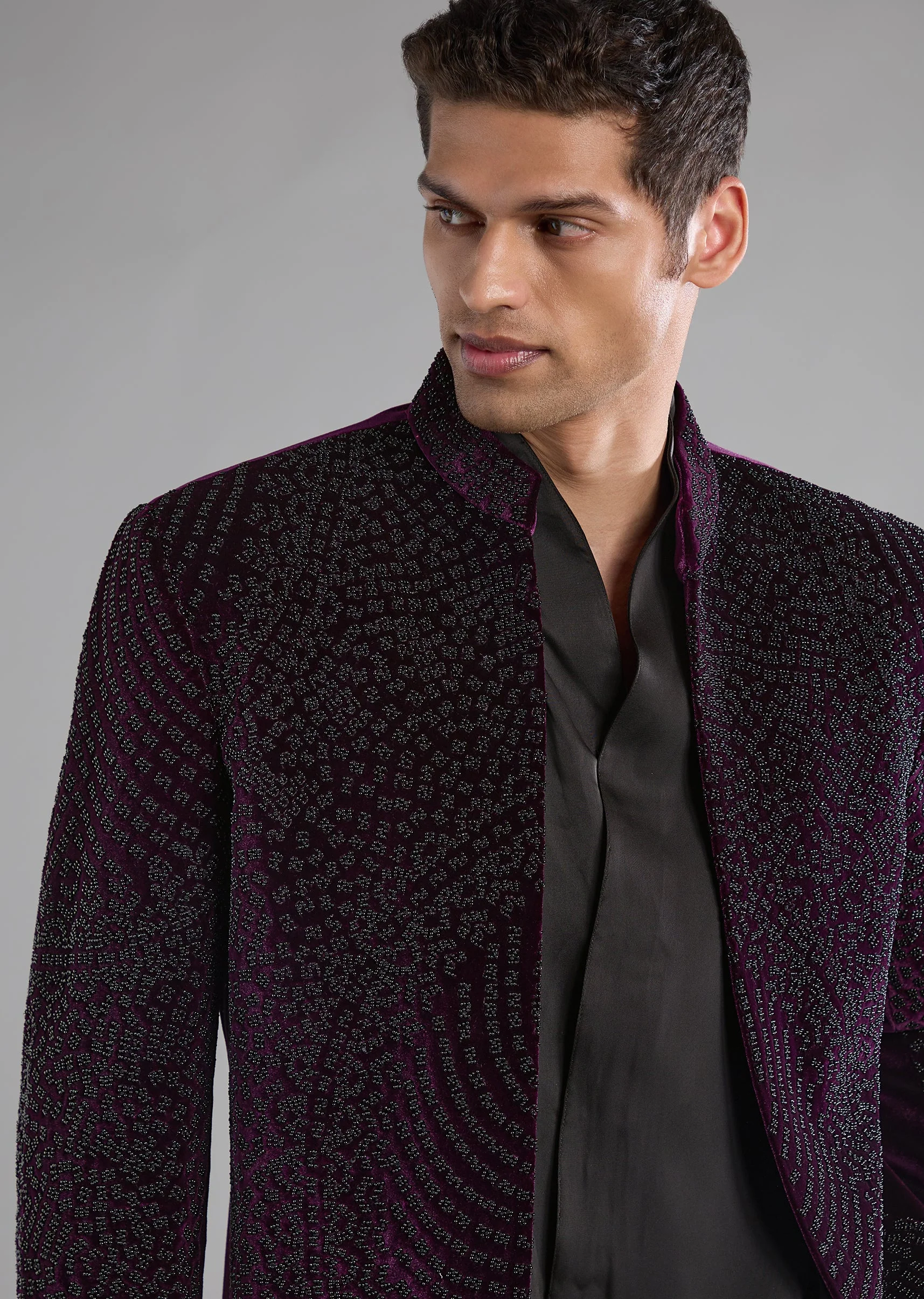 Purple Velvet Jodhpuri Shirt Set with Bead Work - Image 3