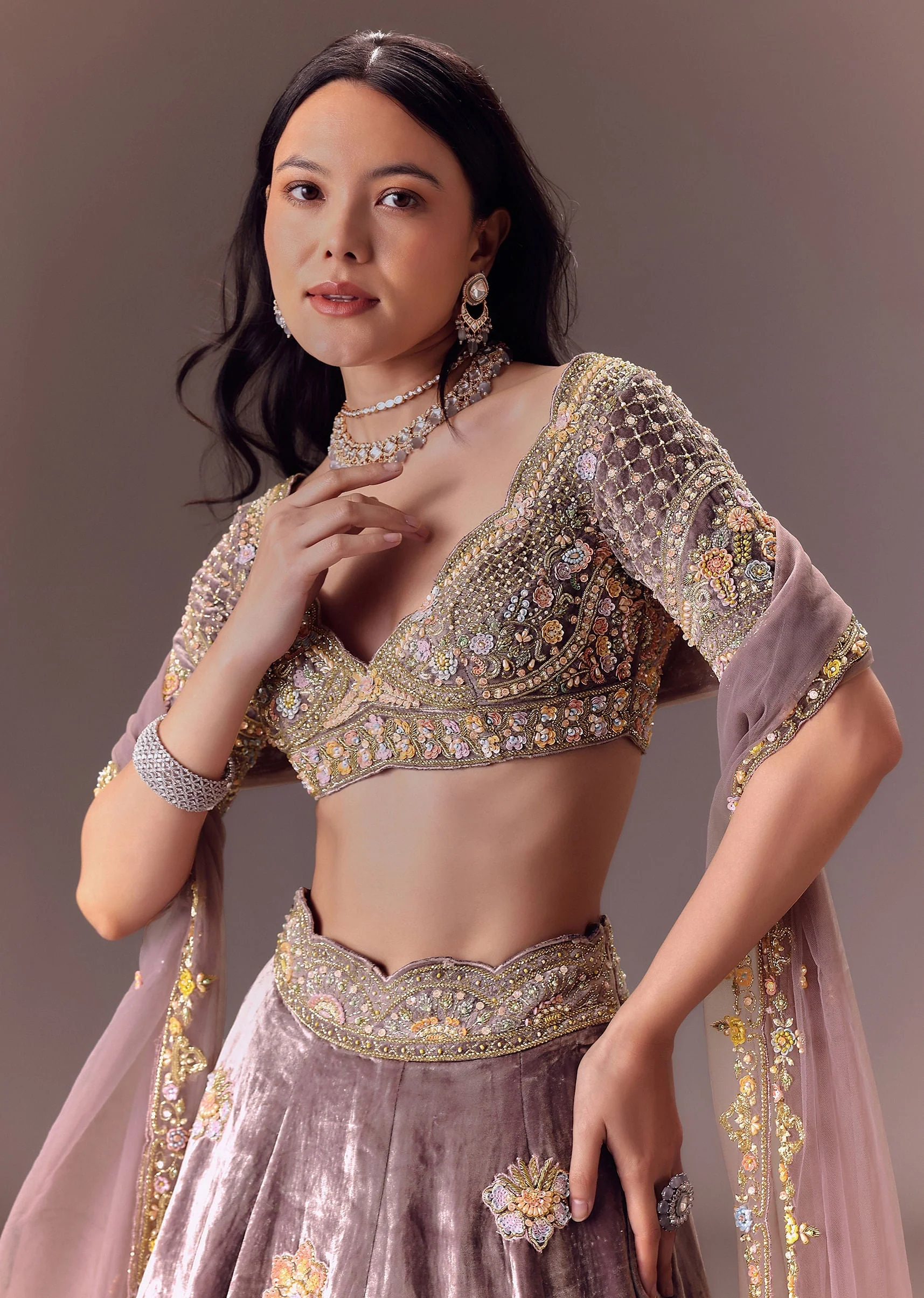 Purple Velvet Lehenga Set With Hand Work Patching - Image 4