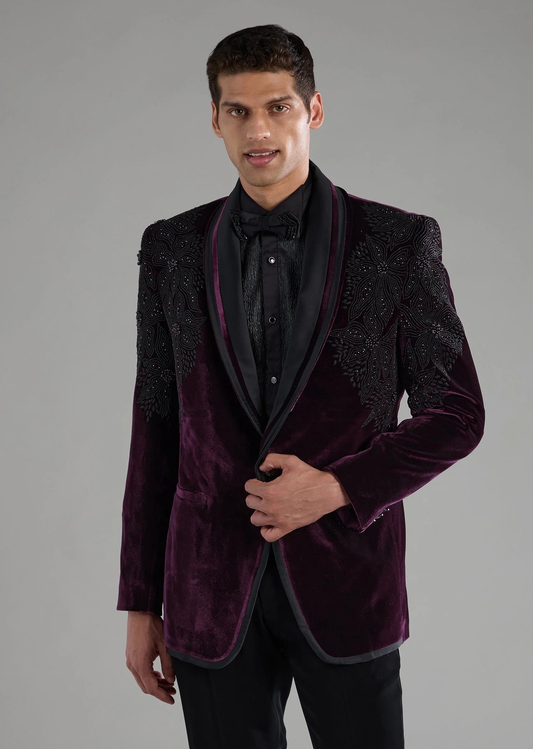 Purple Velvet Stone Embellished Tuxedo Set with Bow Tie - Image 3