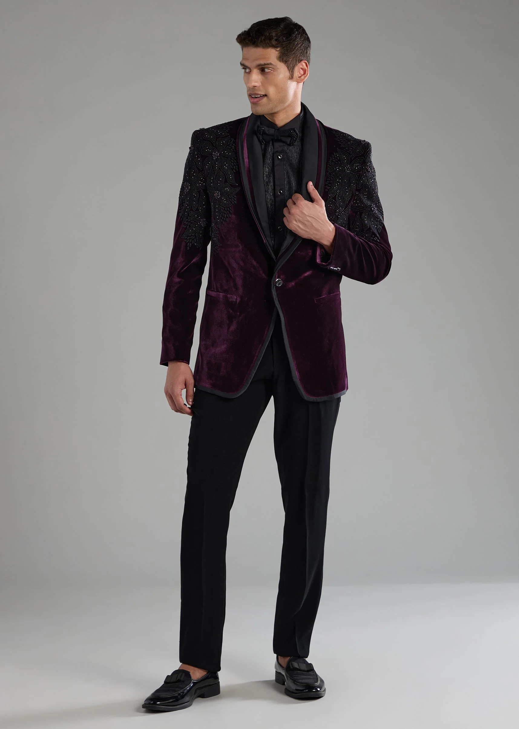 Purple Velvet Stone Embellished Tuxedo Set with Bow Tie - Image 4