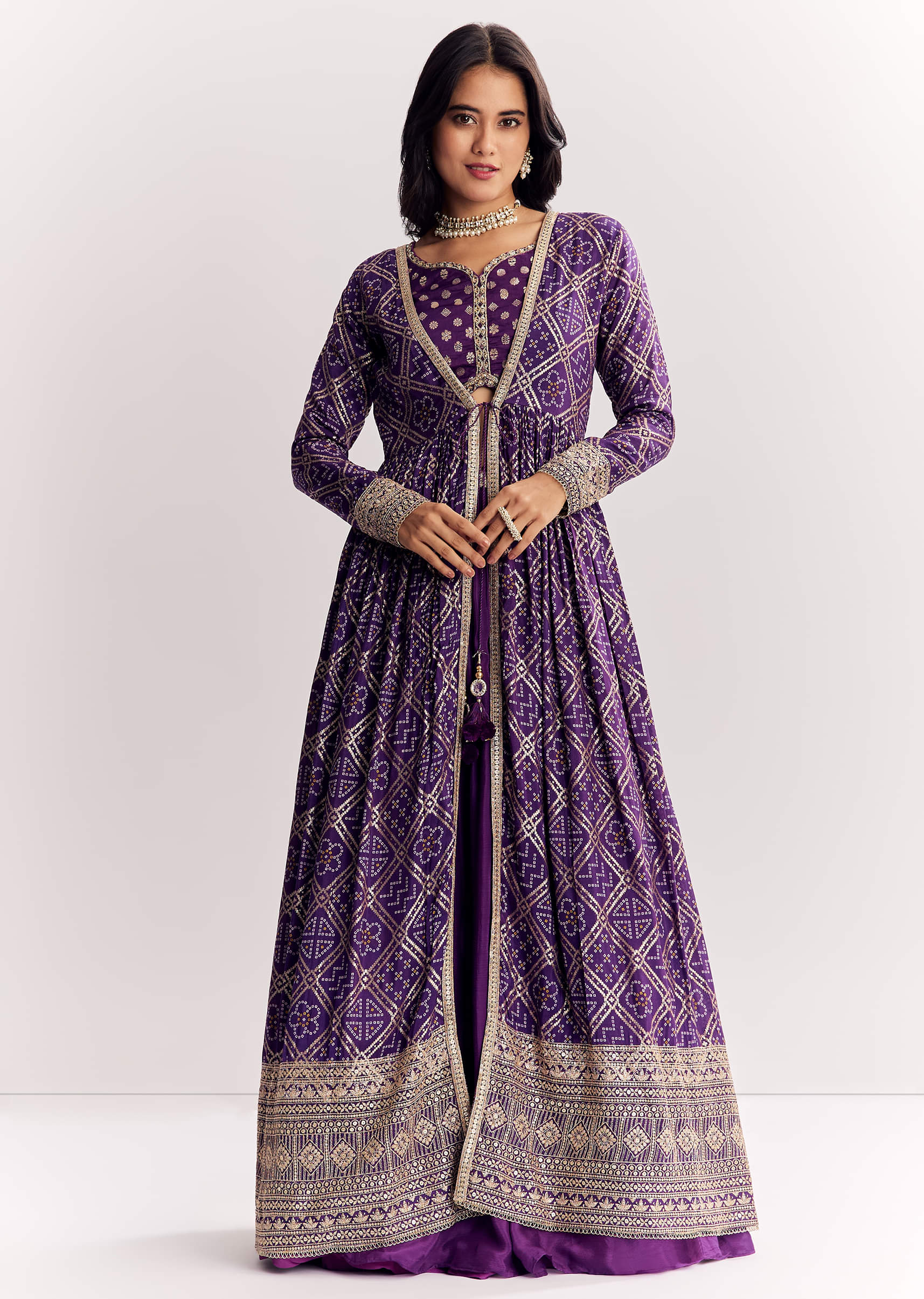 Purple Weave Silk Indowestern Set With Bandhani Print Zari Work Jacket - Image 2
