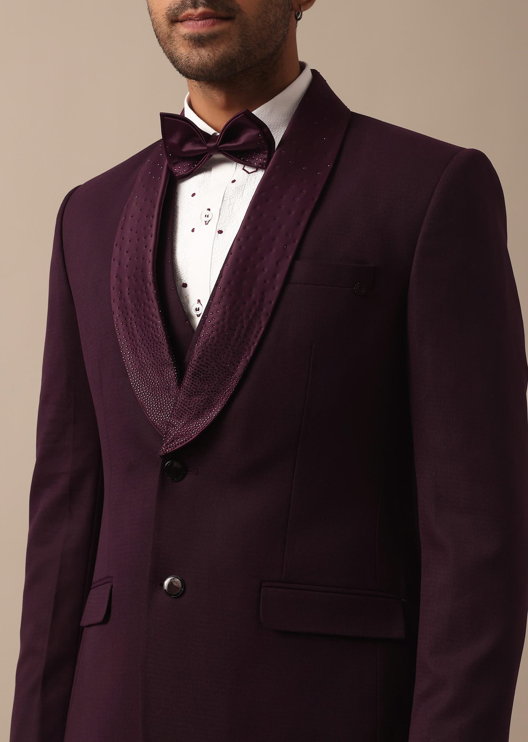 Purple Wine Coloured Tuxedo With Intricate All Over Embroidery - Image 2