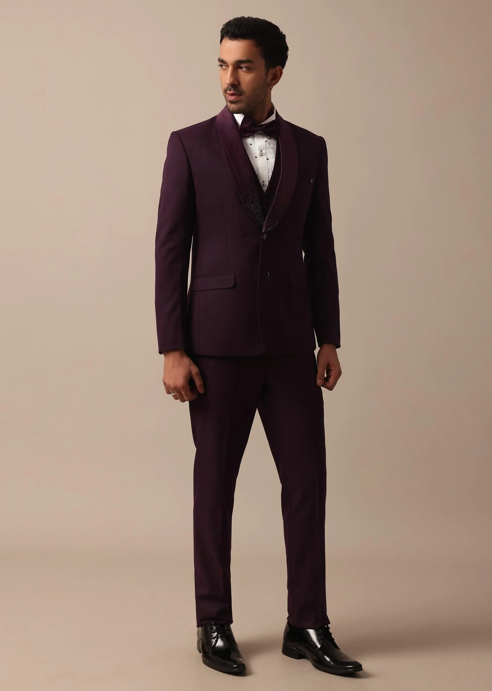 Purple Wine Coloured Tuxedo With Intricate All Over Embroidery - Image 3