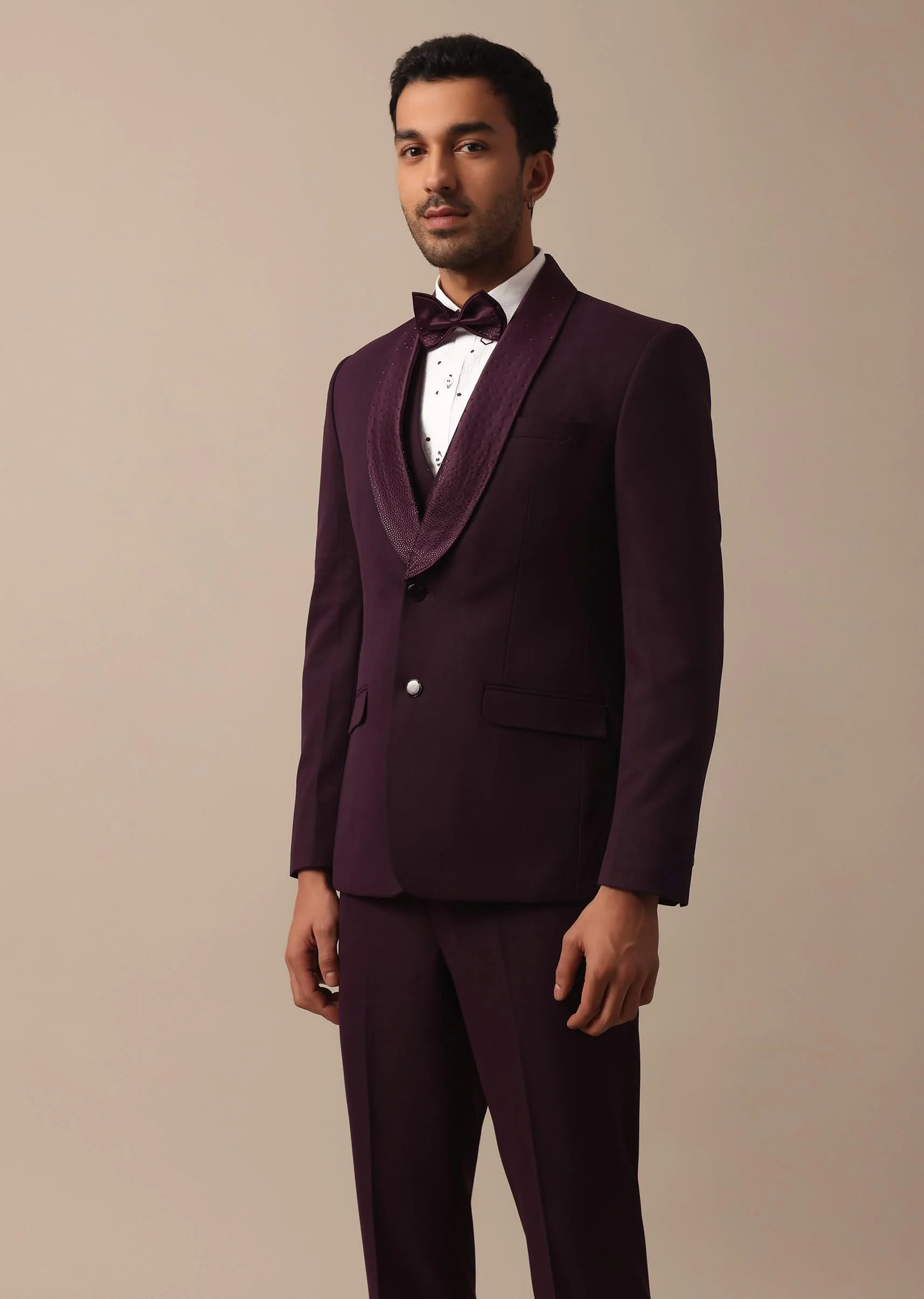 Purple Wine Coloured Tuxedo With Intricate All Over Embroidery - Image 4