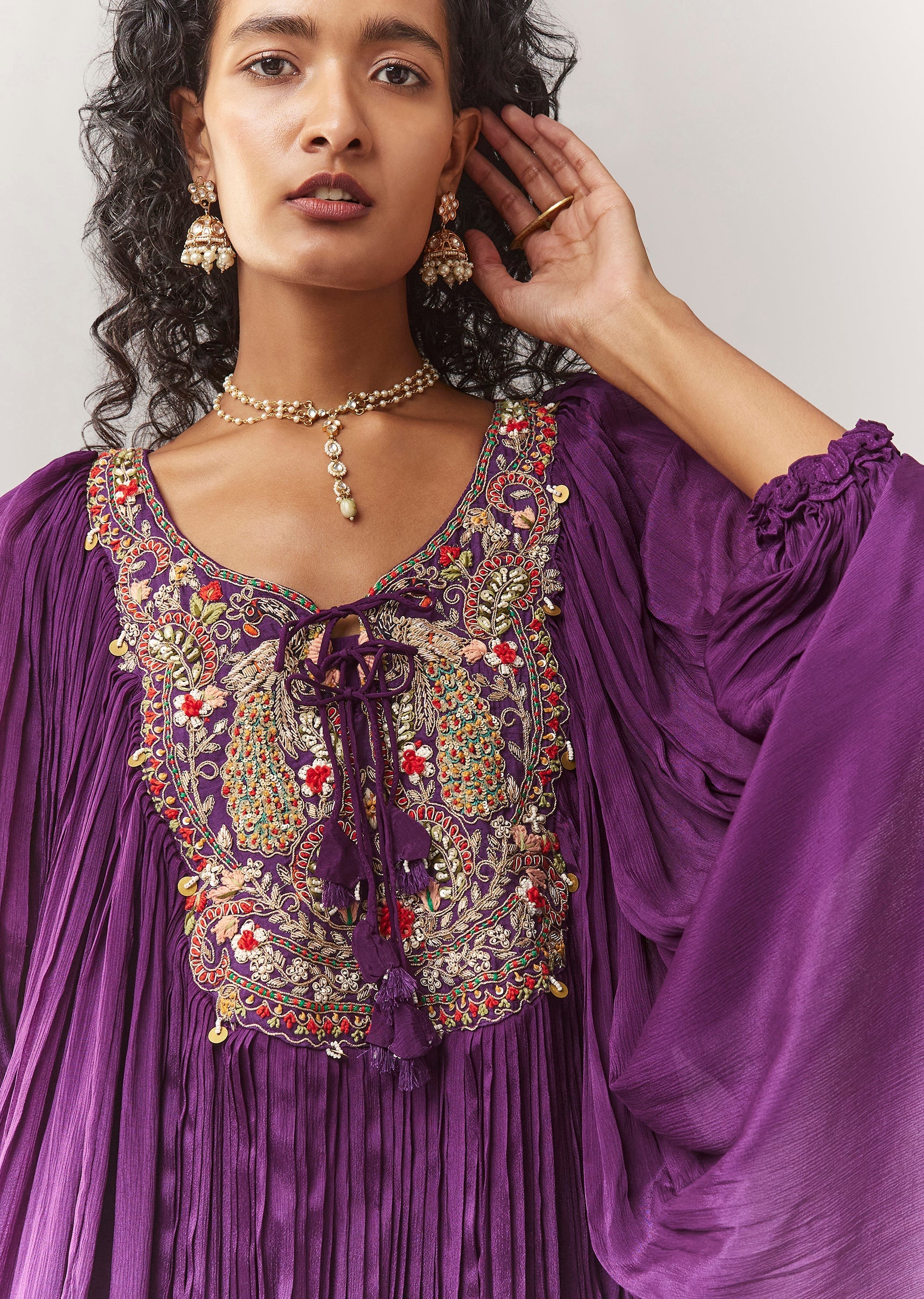 Purple Zardosi And Thread Work Cape Set With Palazzo - Image 2