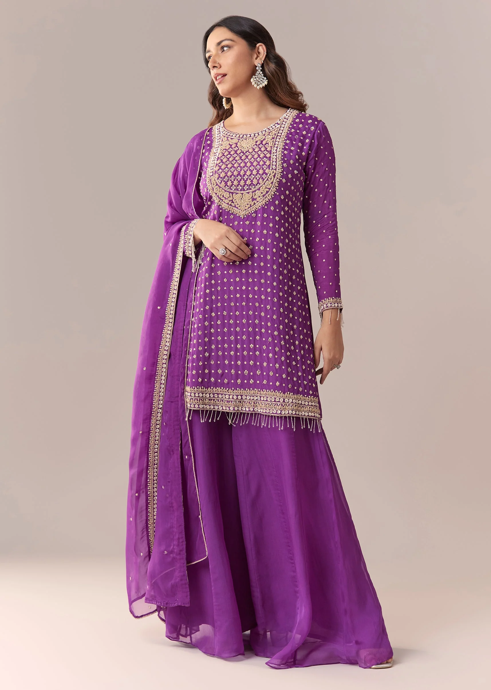 Purple Zardosi Palazzo Suit Set With Dupatta - Image 3
