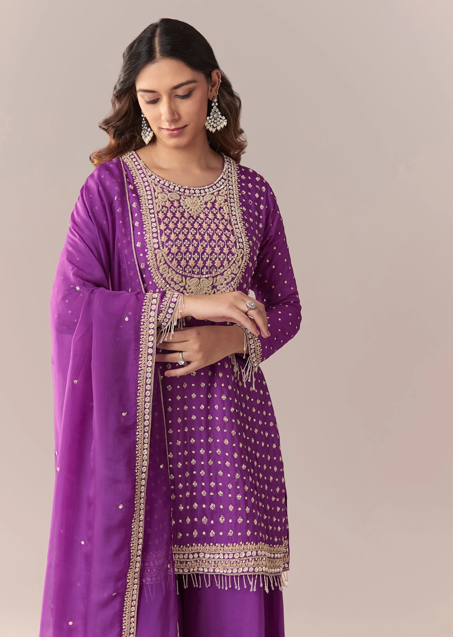 Purple Zardosi Palazzo Suit Set With Dupatta - Image 4