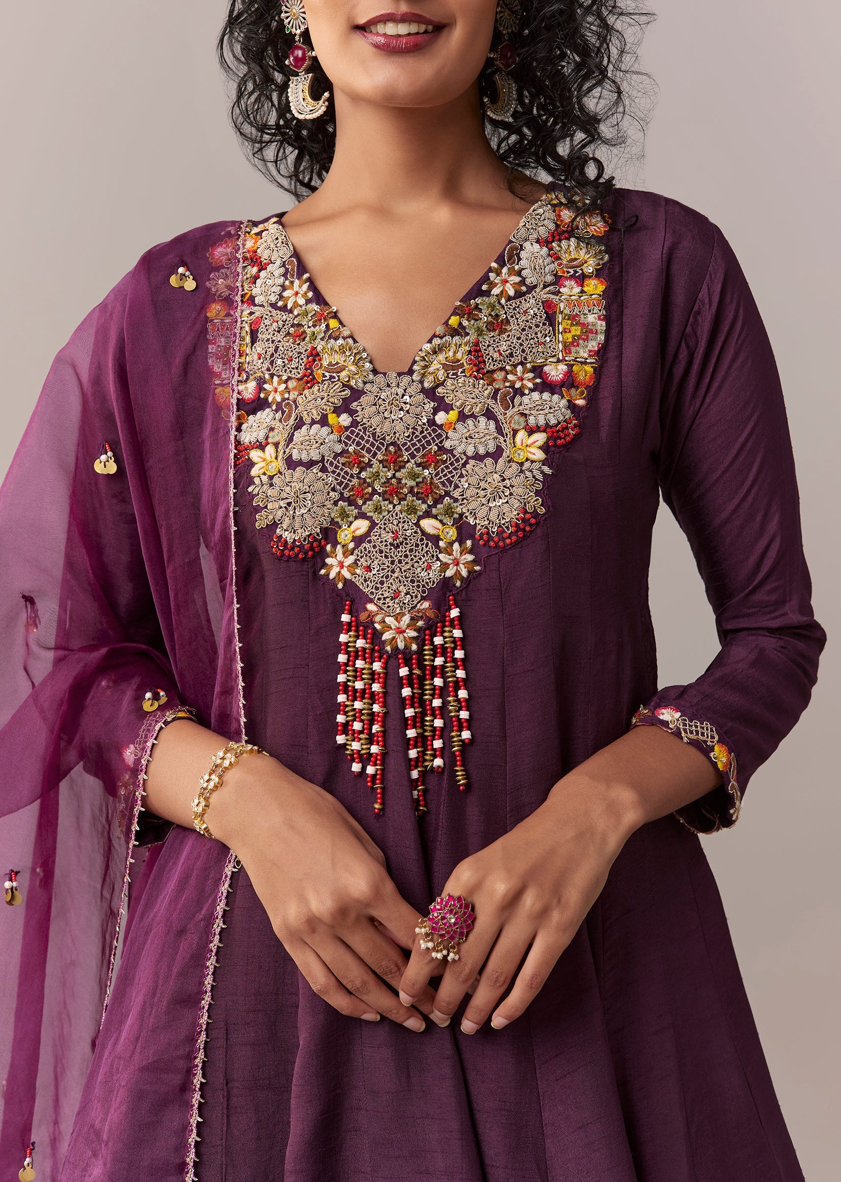 Purple Zardosi & Thread Palazzo Set With Dupatta - Image 2